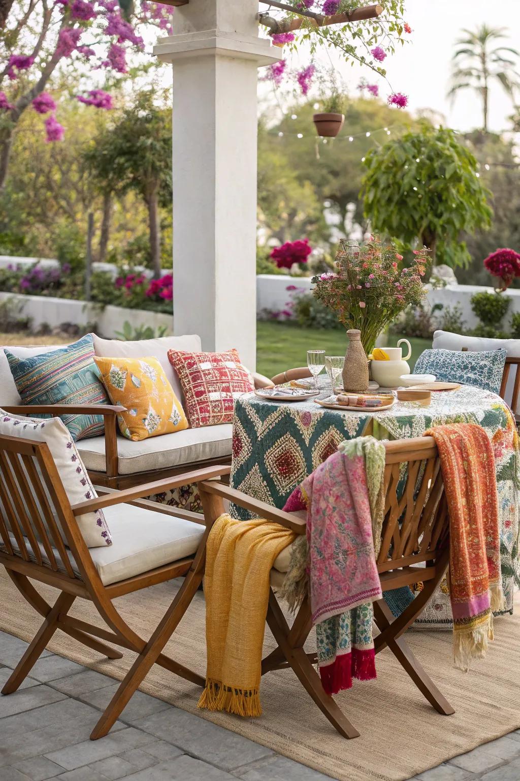 Cushions and throws provide comfort and style to outdoor seating.