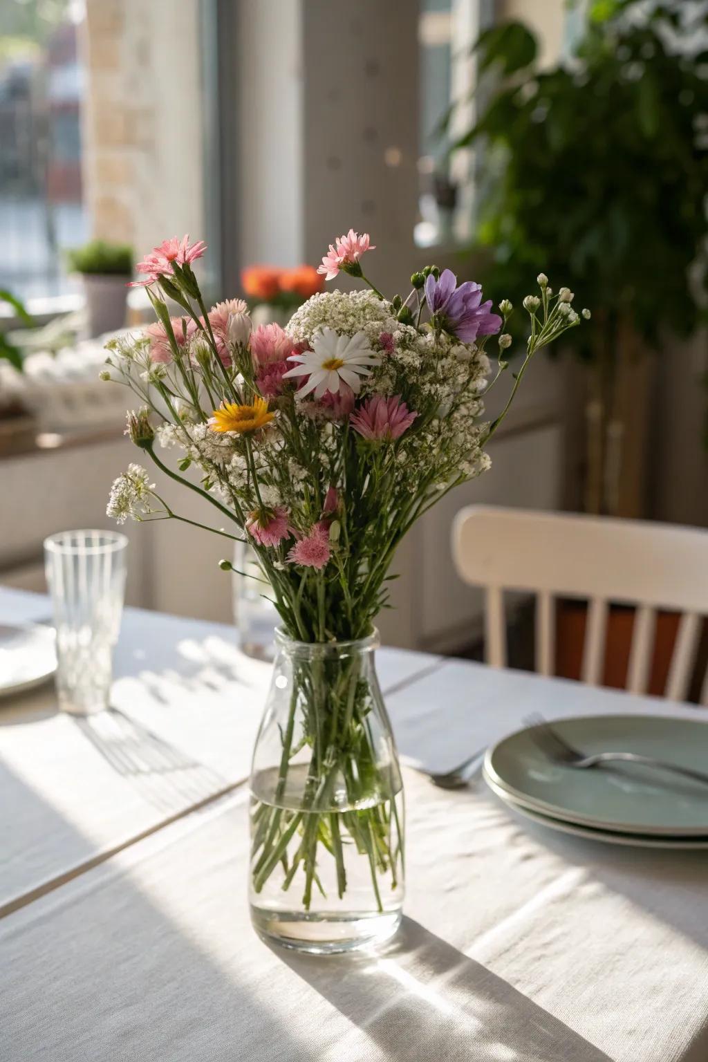 A minimalist centerpiece featuring a delicate glass vase.