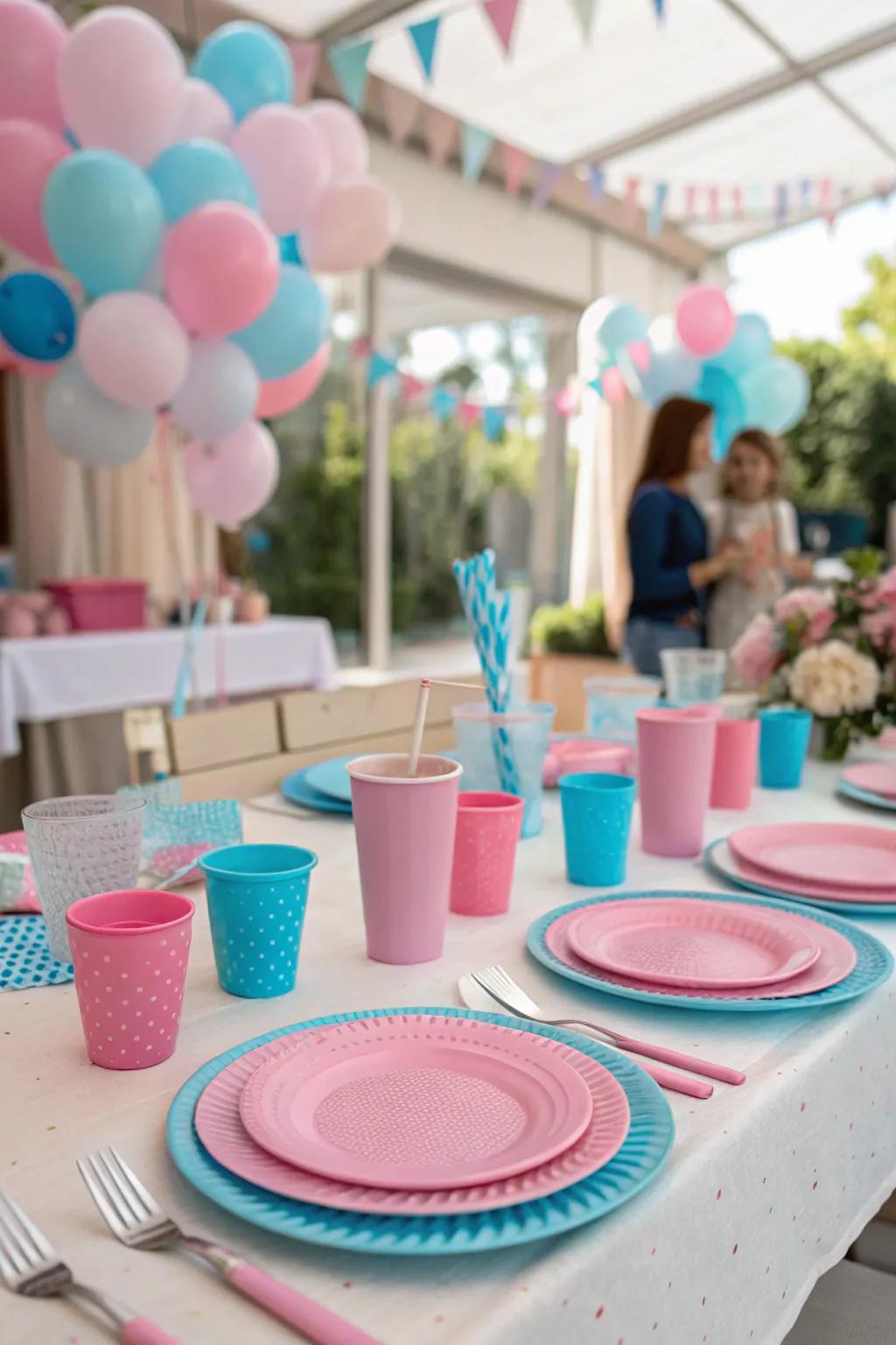 Charming themed tableware in pink and blue to complete your gender reveal table.