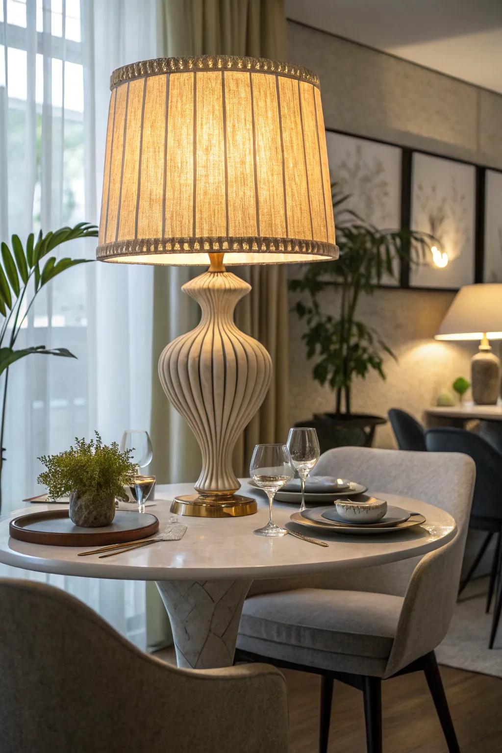 A contemporary chic table lamp adds elegance to a modern dining area.