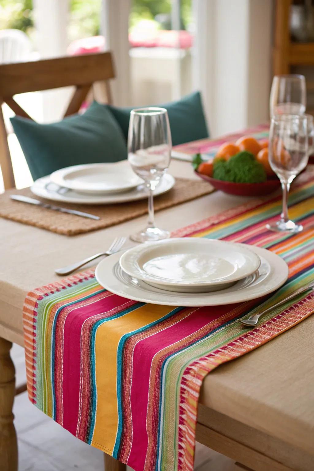 Modern lines table runner for a contemporary dining space.
