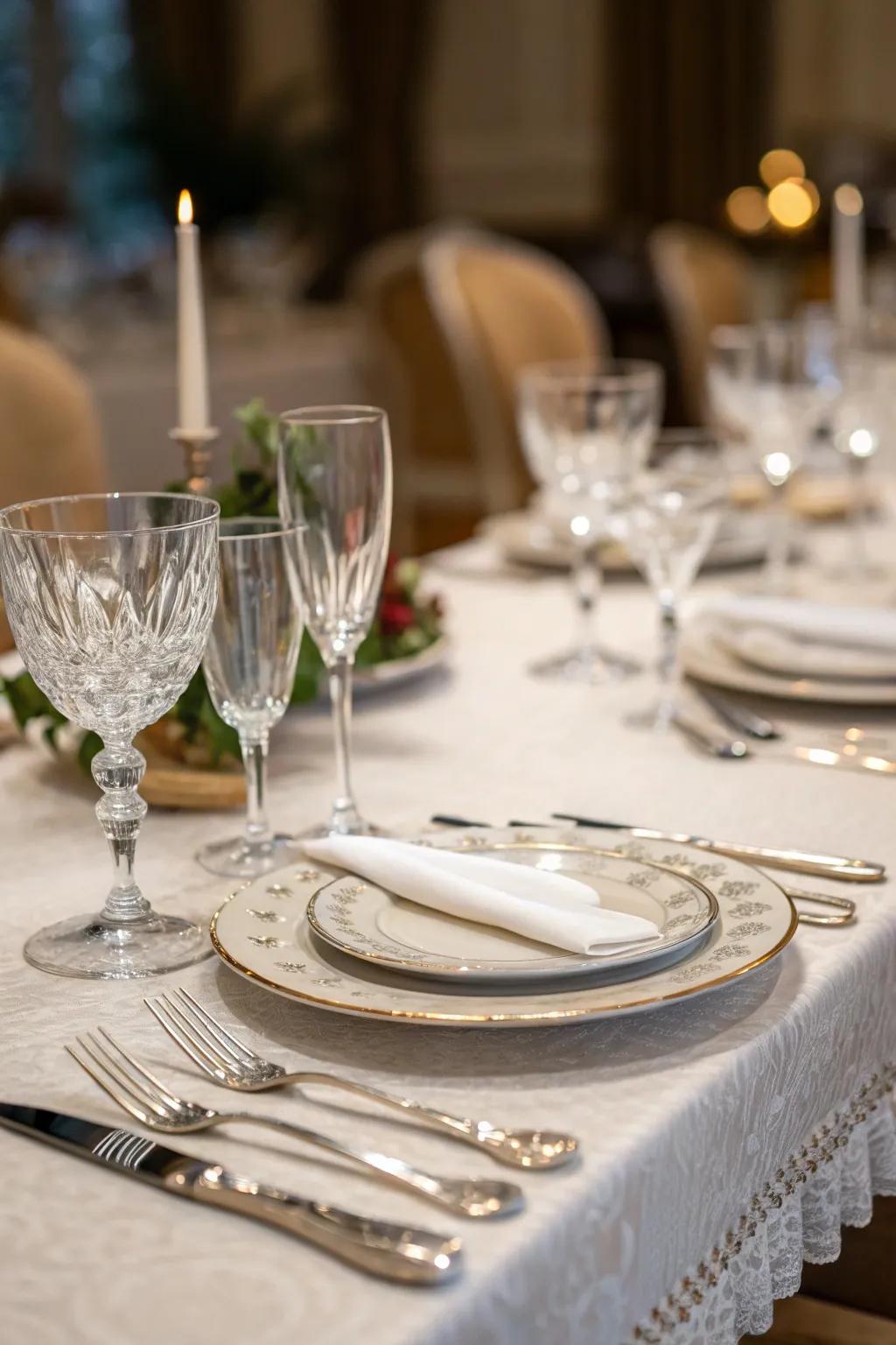 Graceful drinkware and cutlery introducing opulence to the table arrangement.