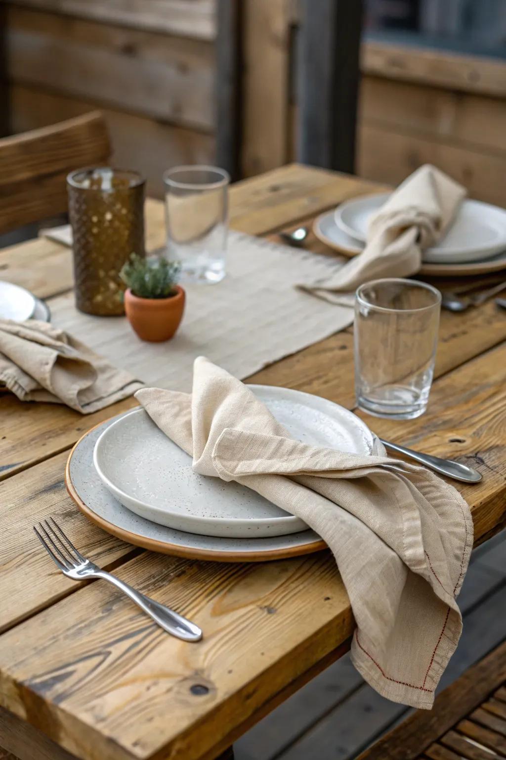 Effortless chic setup featuring relaxed napkin placements.