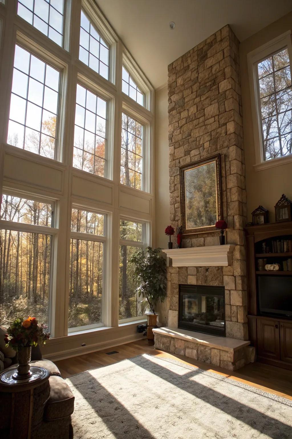 Expansive openings heighten the openness of a room featuring an elevated fireplace.