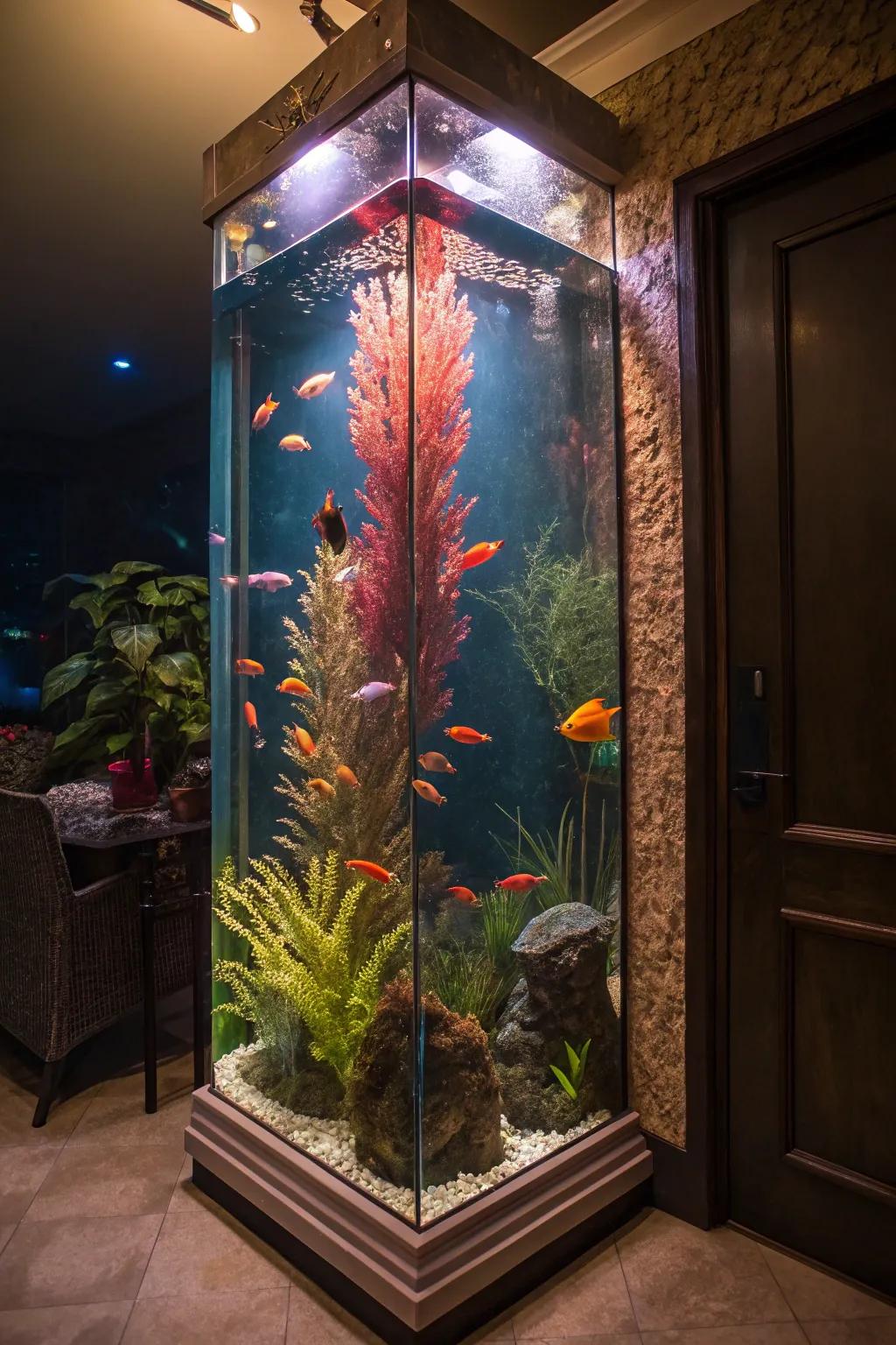 An illuminated towering fish sanctuary displaying spirited aquatic life.