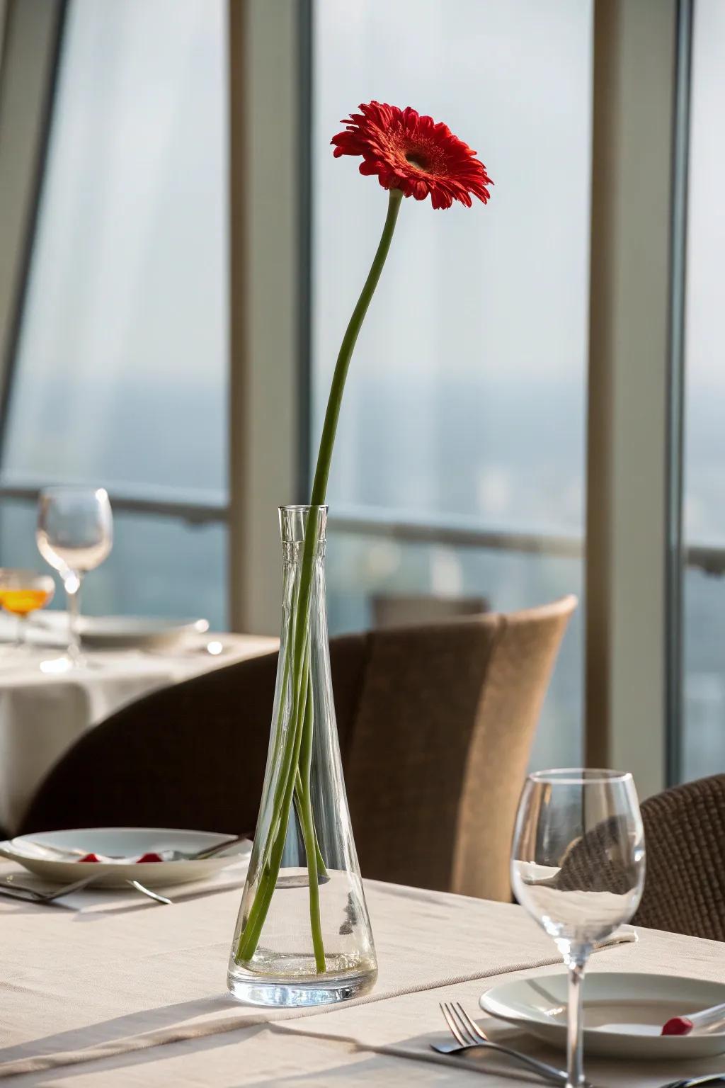 A tall glass vase with a single dramatic red flower, serving as a striking centerpiece.