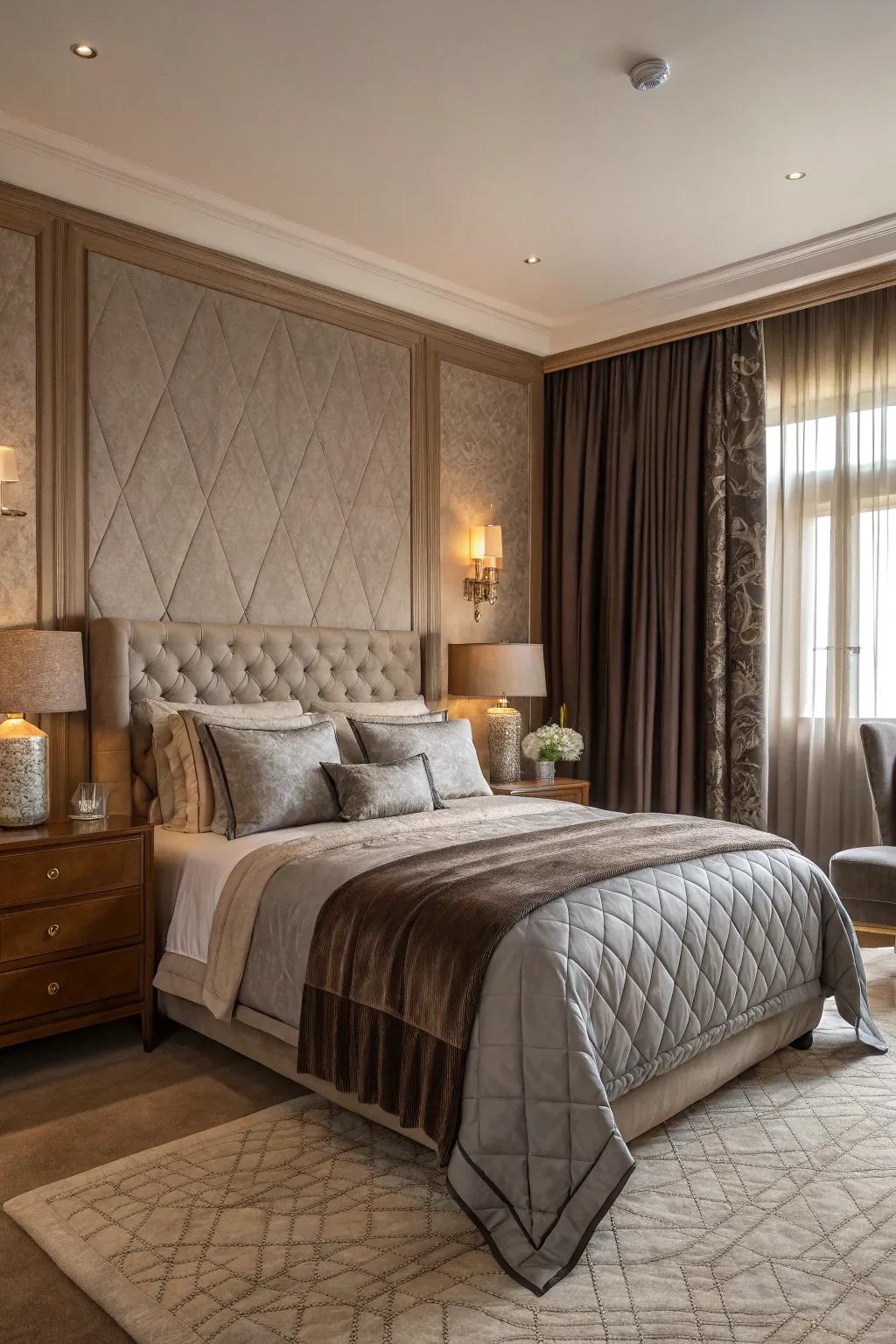 A bedroom showcasing blended textures in earthen and slate.