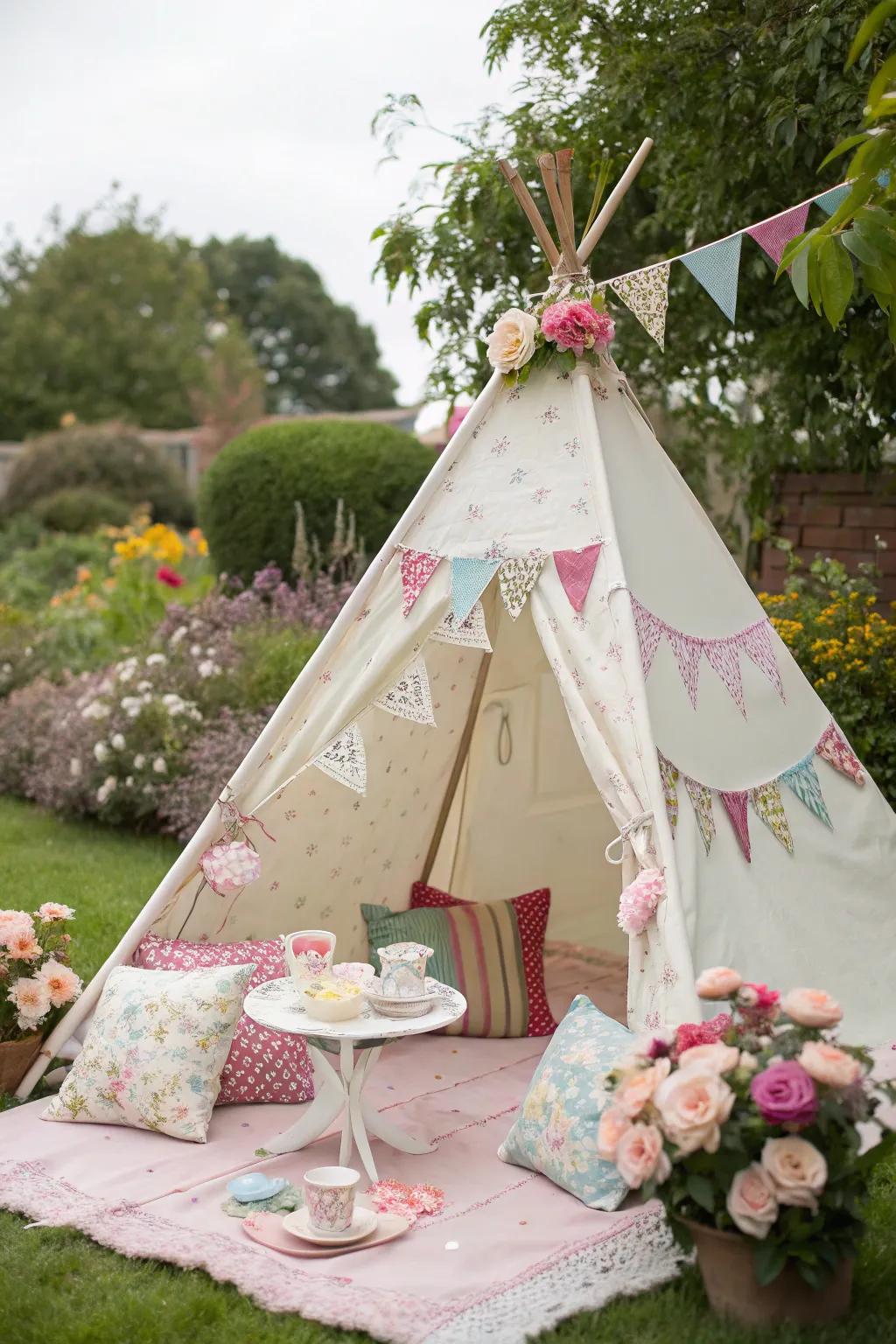 A delightful teepee shelter setting introduces a whimsical flair to the tea event.