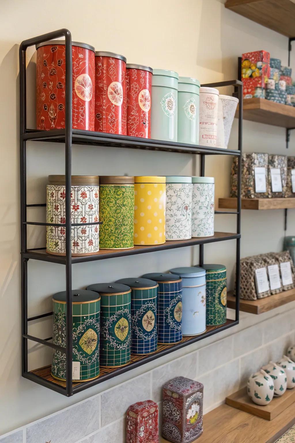 A wall-mounted tea rack for space-saving storage.