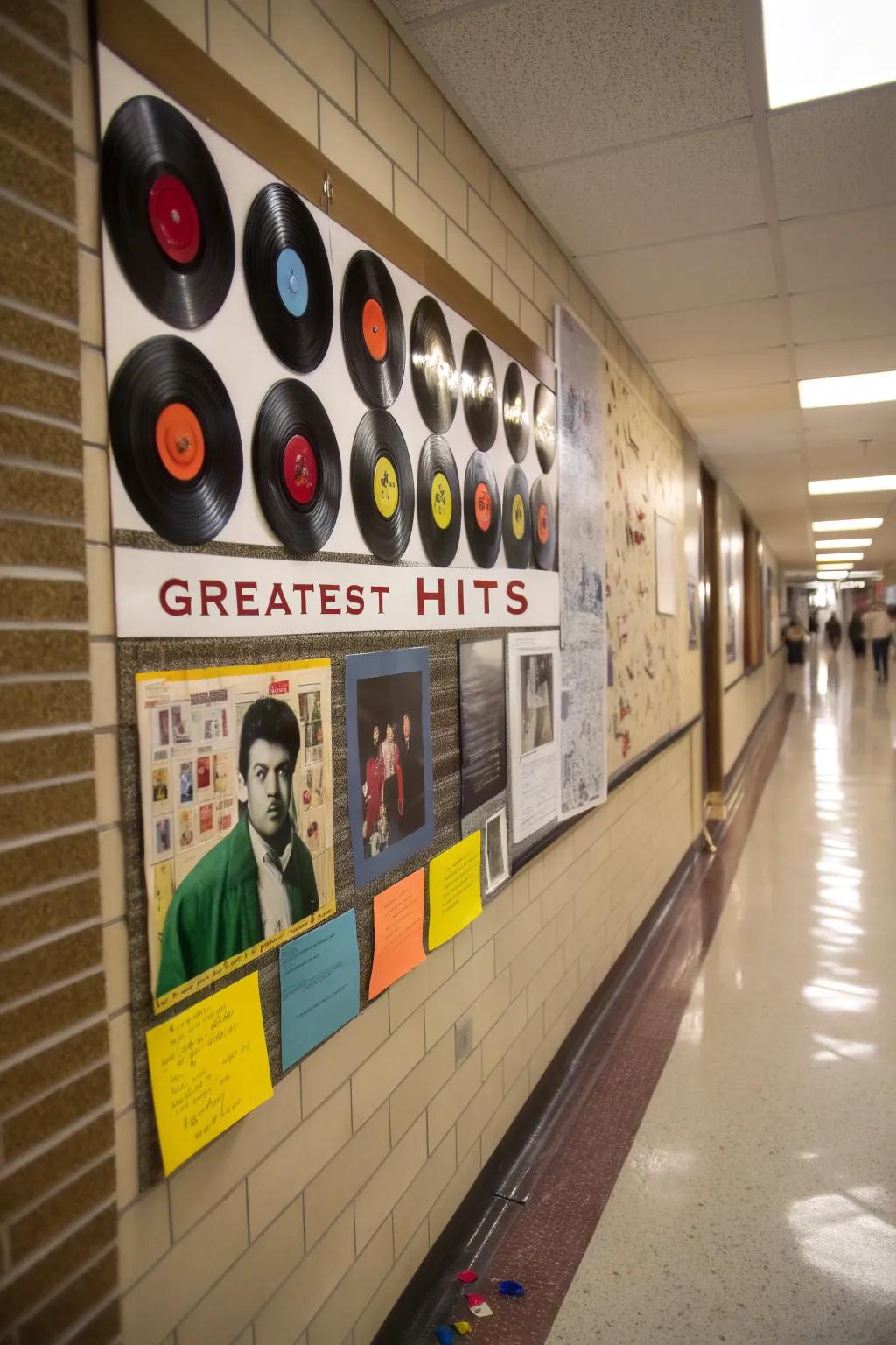 A retro-themed board with vinyl records honoring teachers as the 'Greatest Hits'.