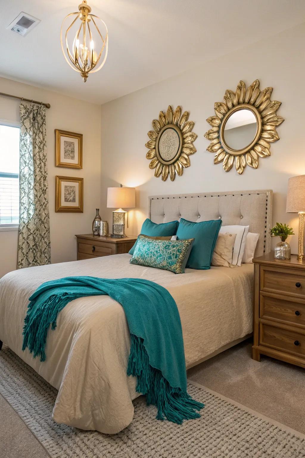 Neutral linens balance the vibrant aqua and gilded accents in this cozy bedroom.