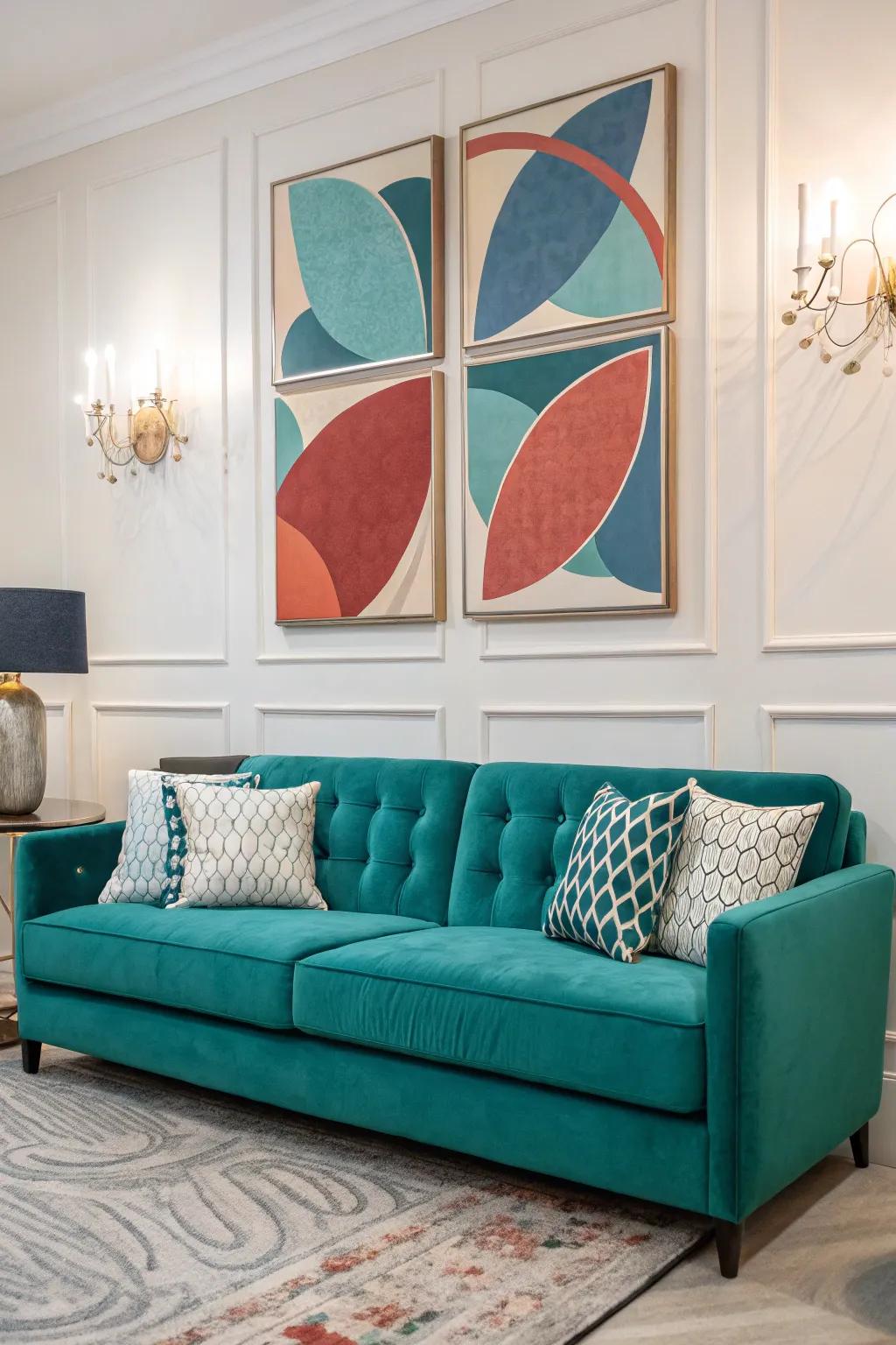 Bold wall art can make your teal sofa stand out even more.