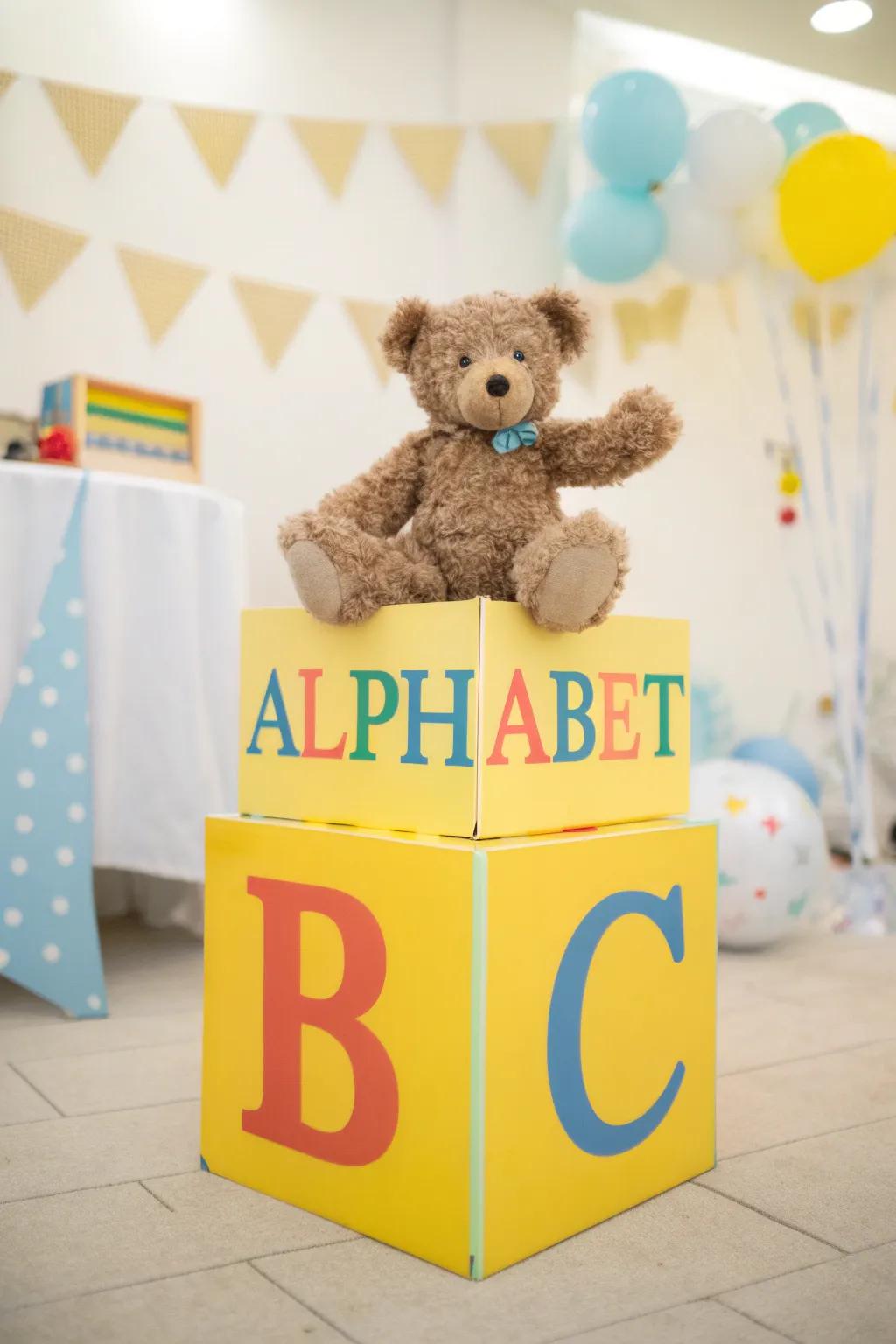 A playful centerpiece with a teddy bear on an alphabet block.