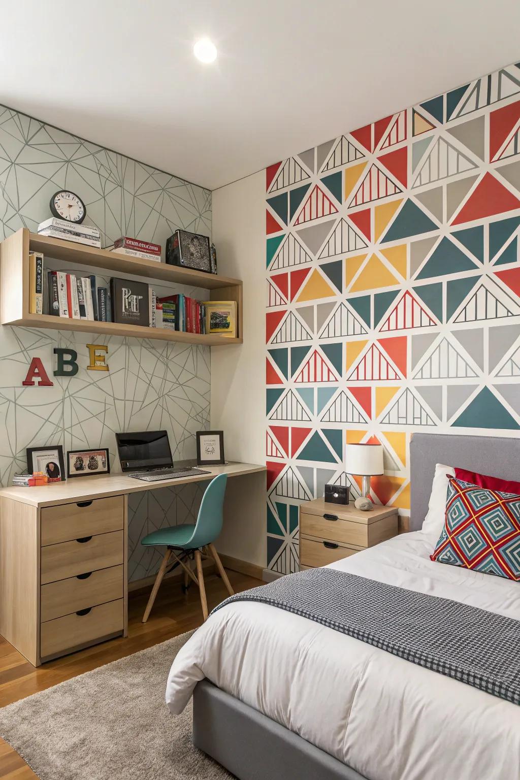 A teen boy's room with striking geometric wallcovering for a contemporary appeal.