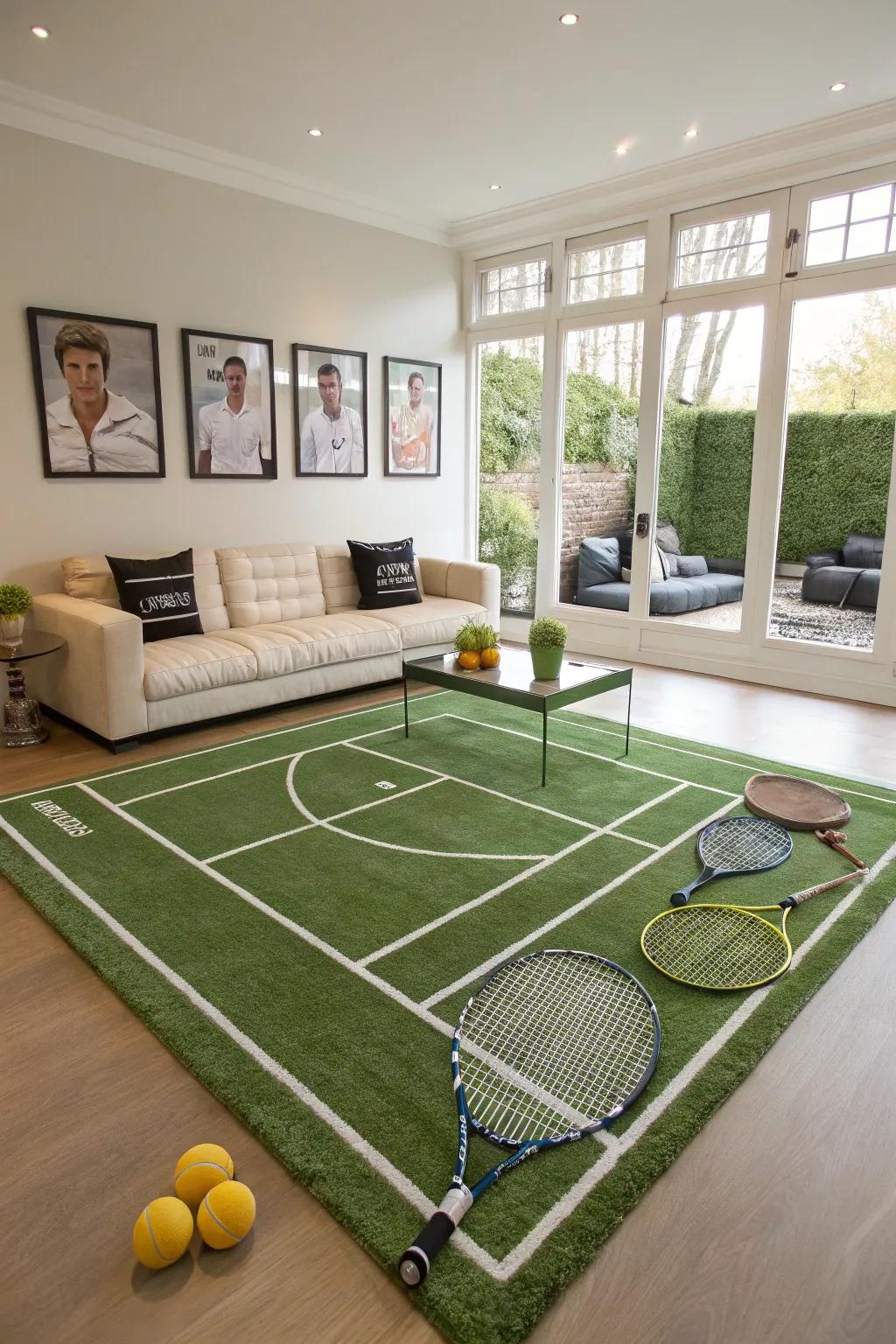 Step onto a tennis court rug for a whimsical aesthetic.
