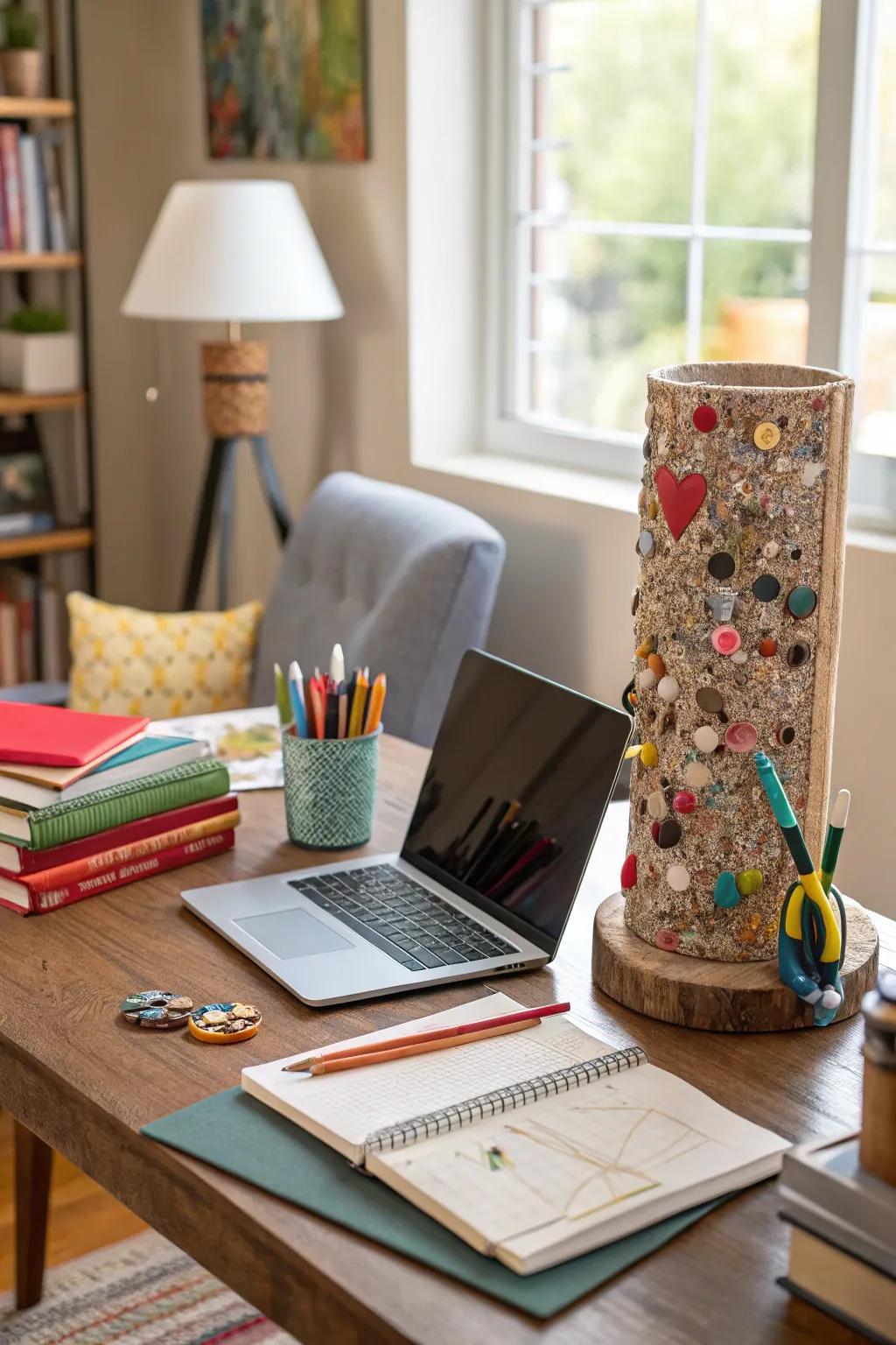 An innovative textured art piece showcases the creative use of everyday household items.