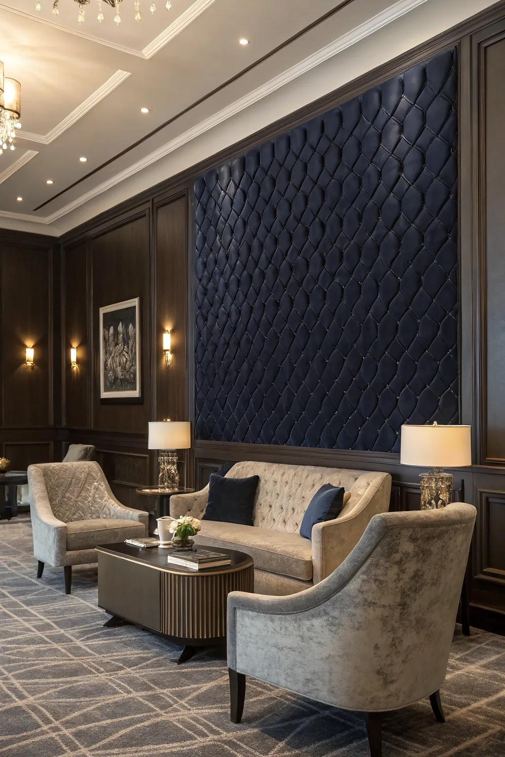 A lounge with a dark navy textured wall for a dramatic effect.