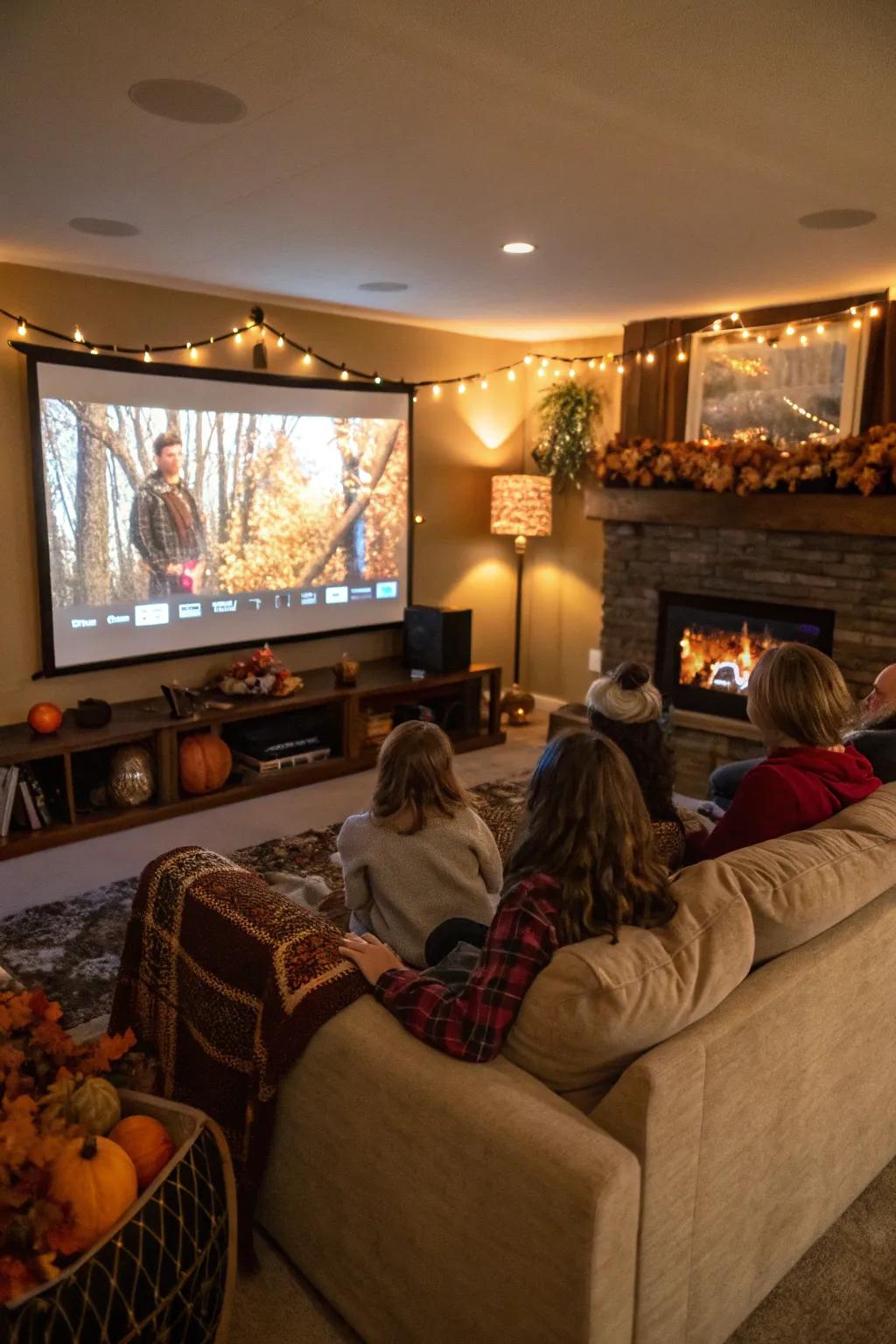 Family enjoying a Thanksgiving film fest in a cozy living room.