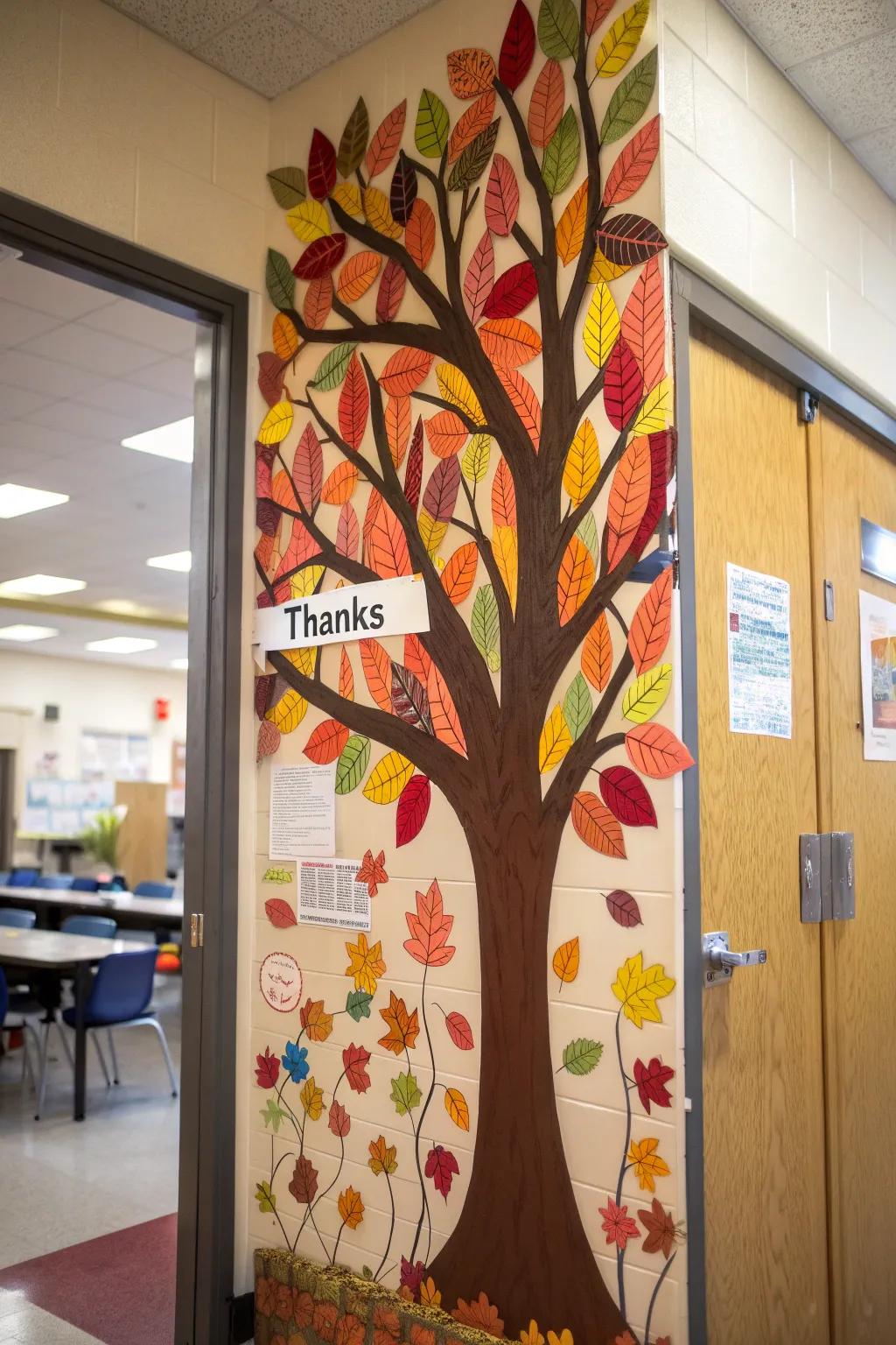A Gratitude Tree door display showcasing students' messages of thankfulness.