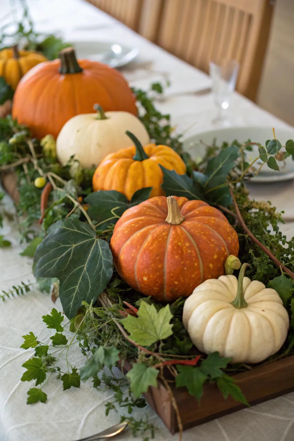 A sophisticated pumpkin composition centerpiece for your table.