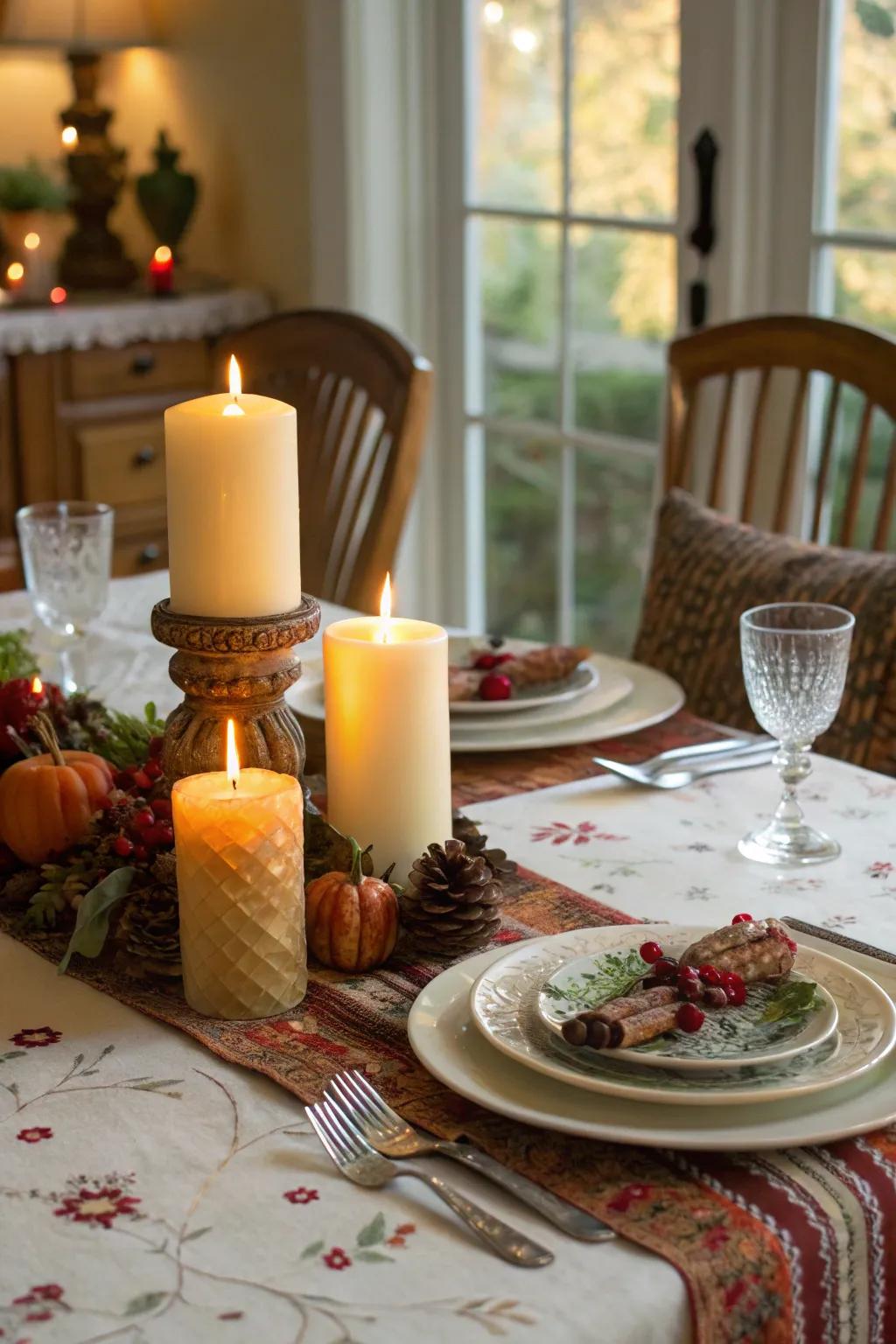 An assortment of candles incorporates warmth and sophistication to the table.