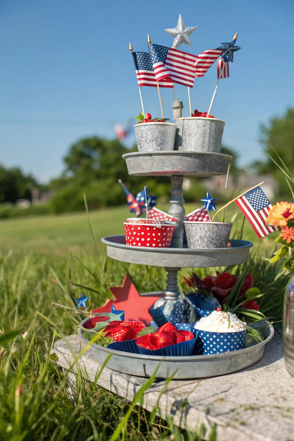 A patriotic-themed tiered tray perfect for celebrating Independence Day.