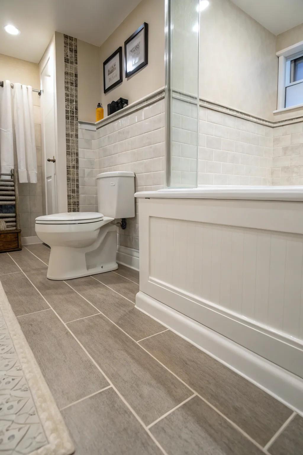 Cove base trims ensure smooth transitions and protect walls in busy areas.