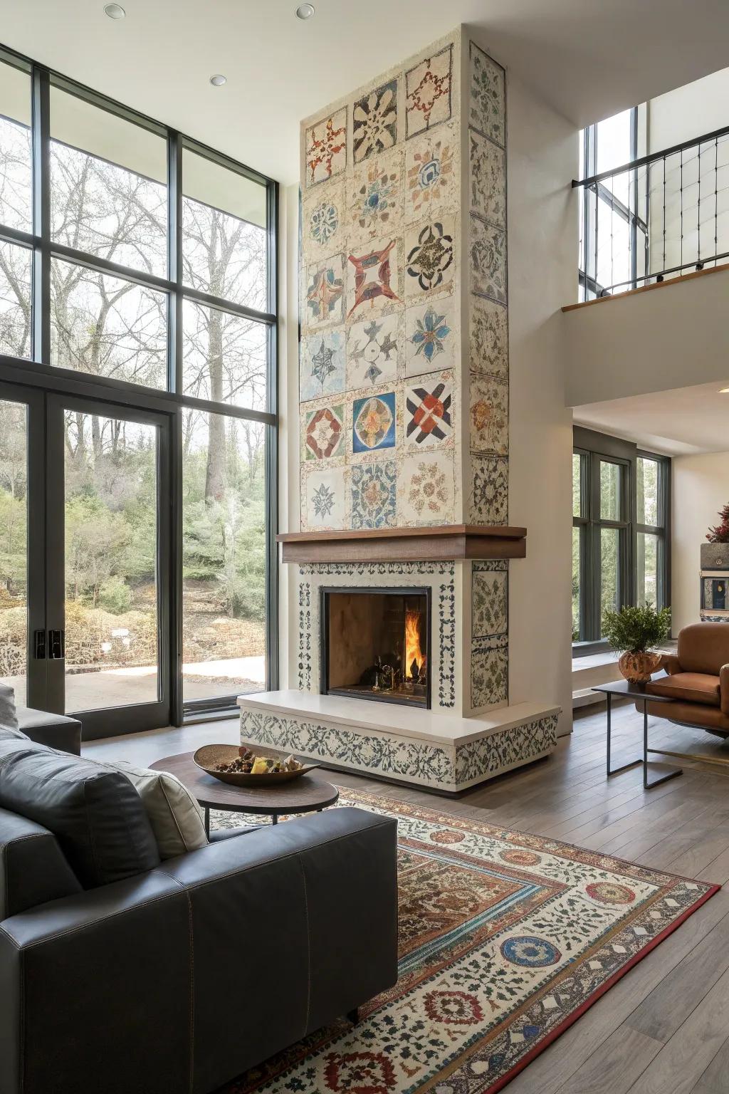 Artistic stones transform this fireplace into a breathtaking centerpiece.