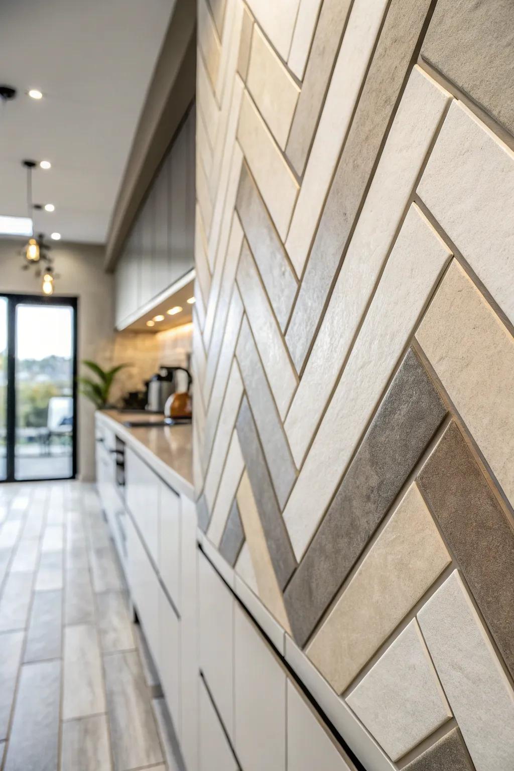 Diagonal picket tiles add unexpected depth to this stylish wall.