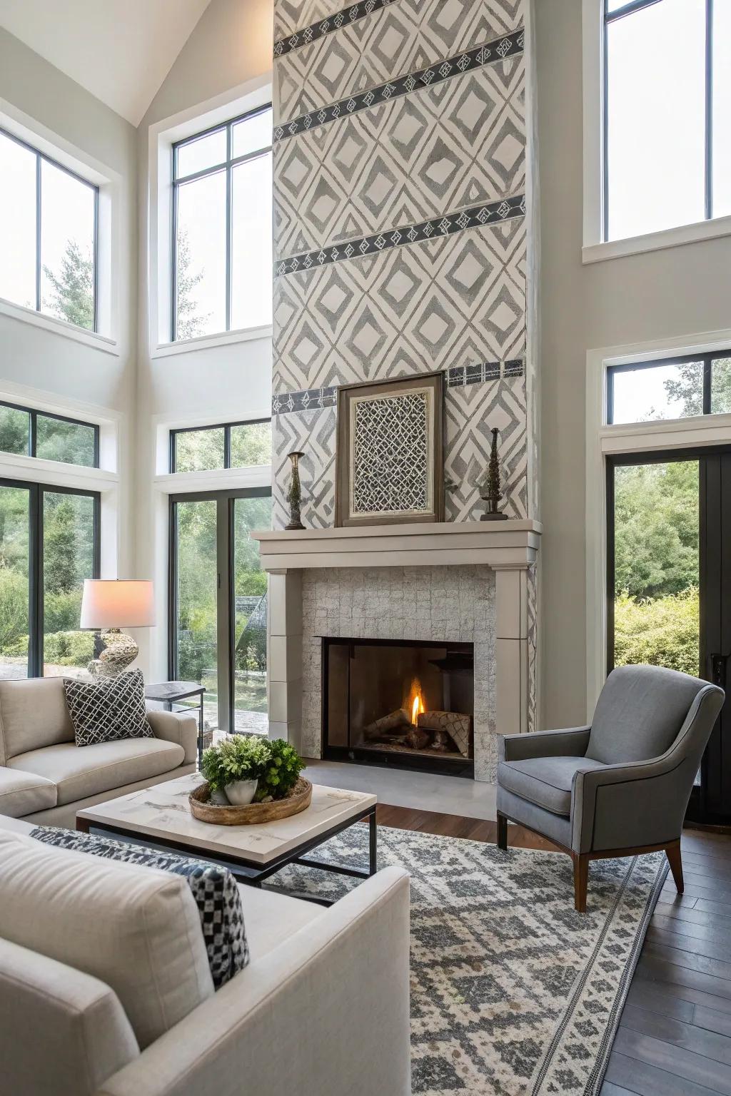 Geometric cladding introduces a contemporary twist to this current fireplace.