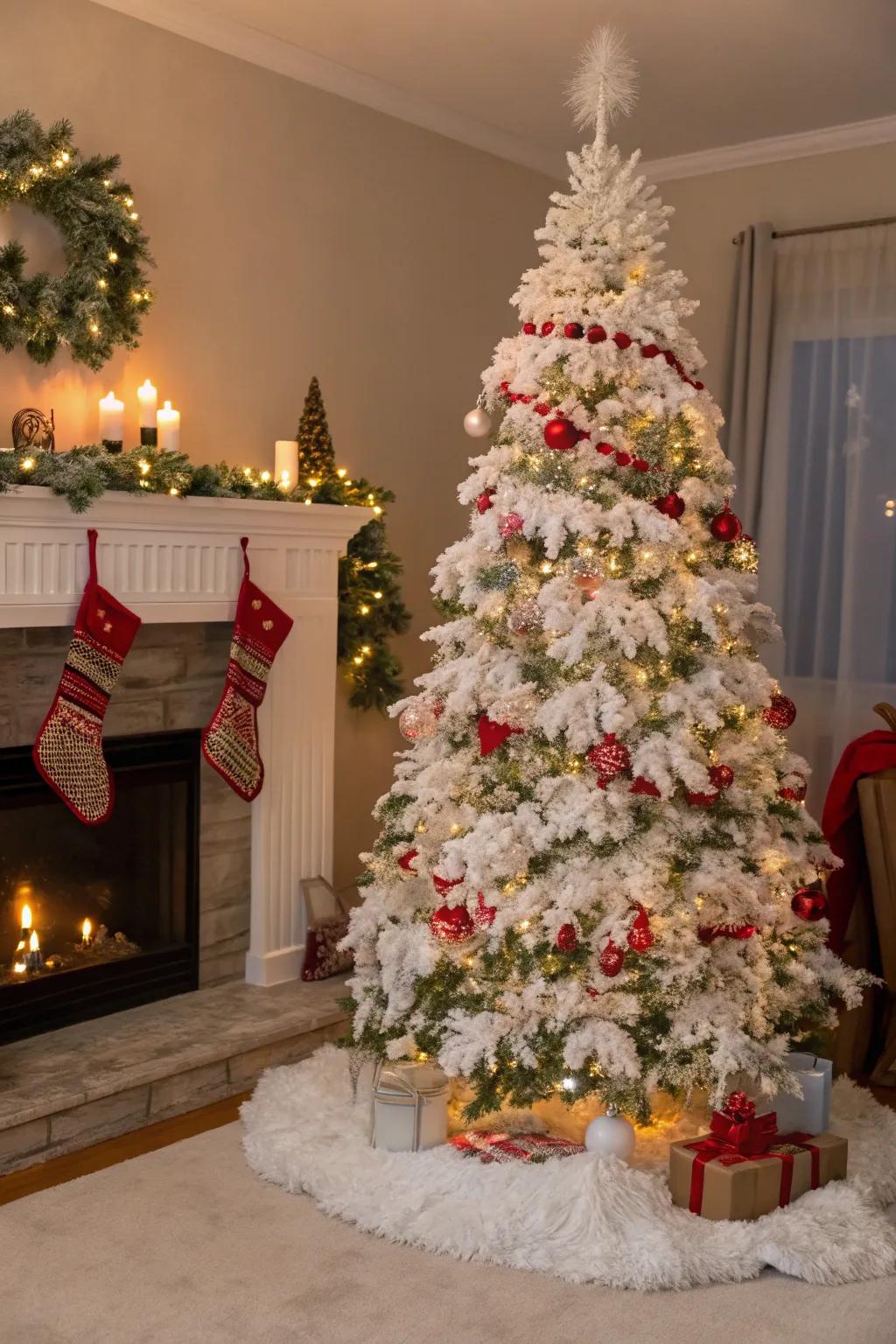 A wintry home scene with a Christmas tree draped in alabaster foil and simulated snow.