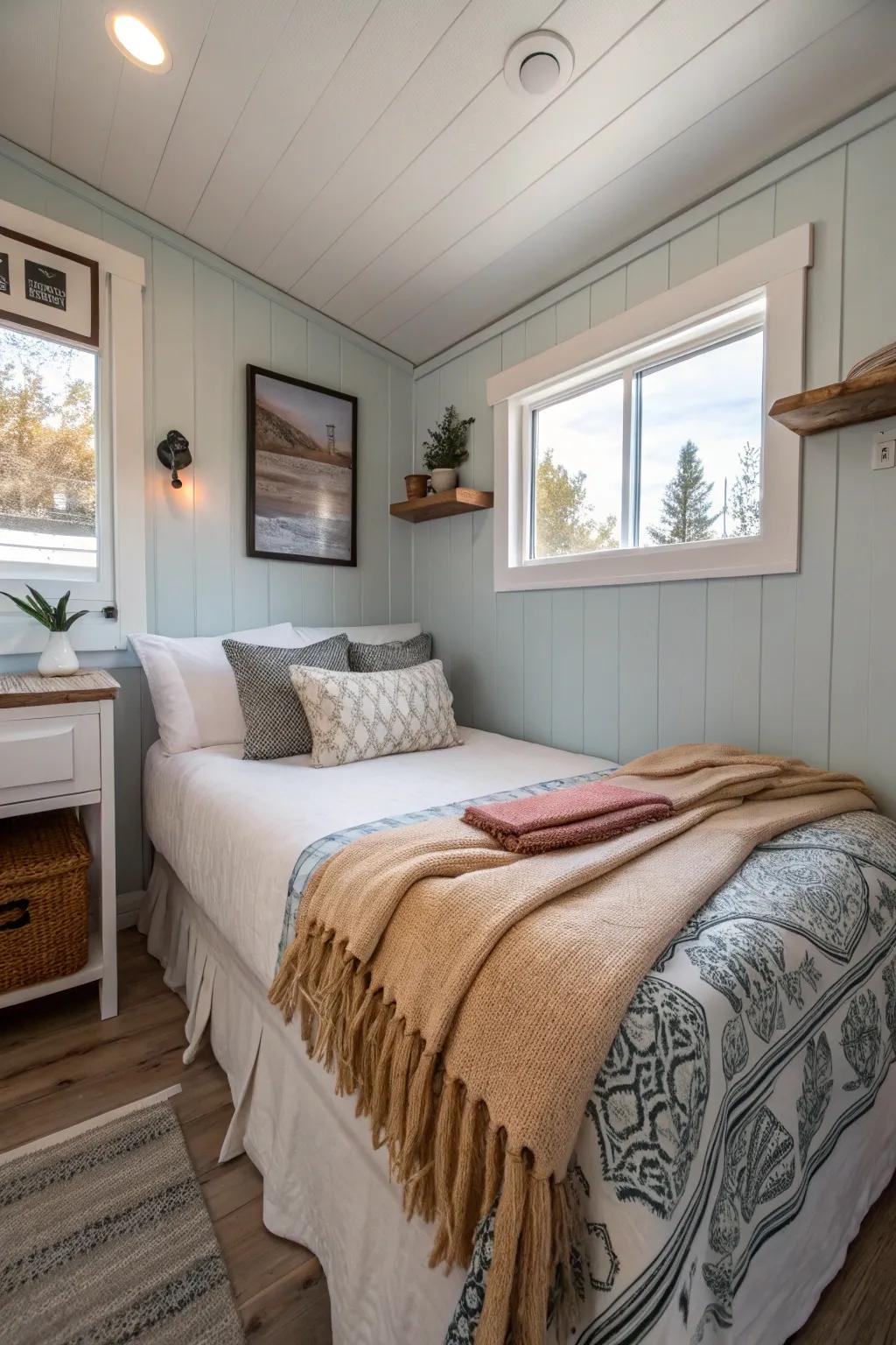 Cozy textiles adding warmth to a minimalist tiny bedroom.