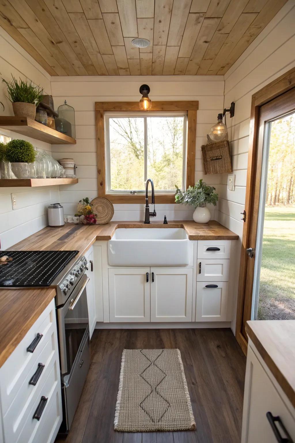 A rustic kitchen sink adding charm to a tiny house kitchen.