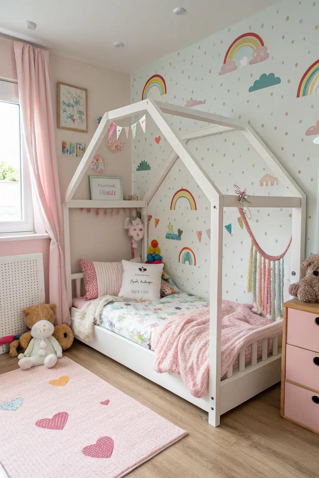 A house-shaped bed serves as both an imaginative play area and a captivating focal point.