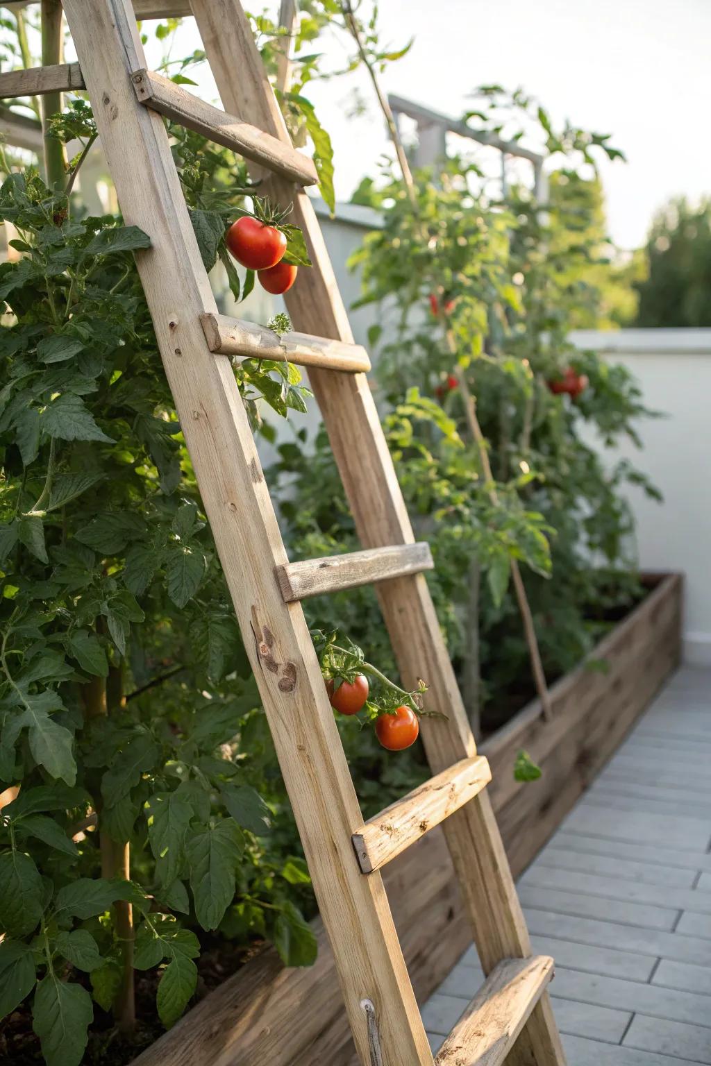Elevate your garden with rustic timber steps trellis, where sustainability embraces elegance. 🍅✨