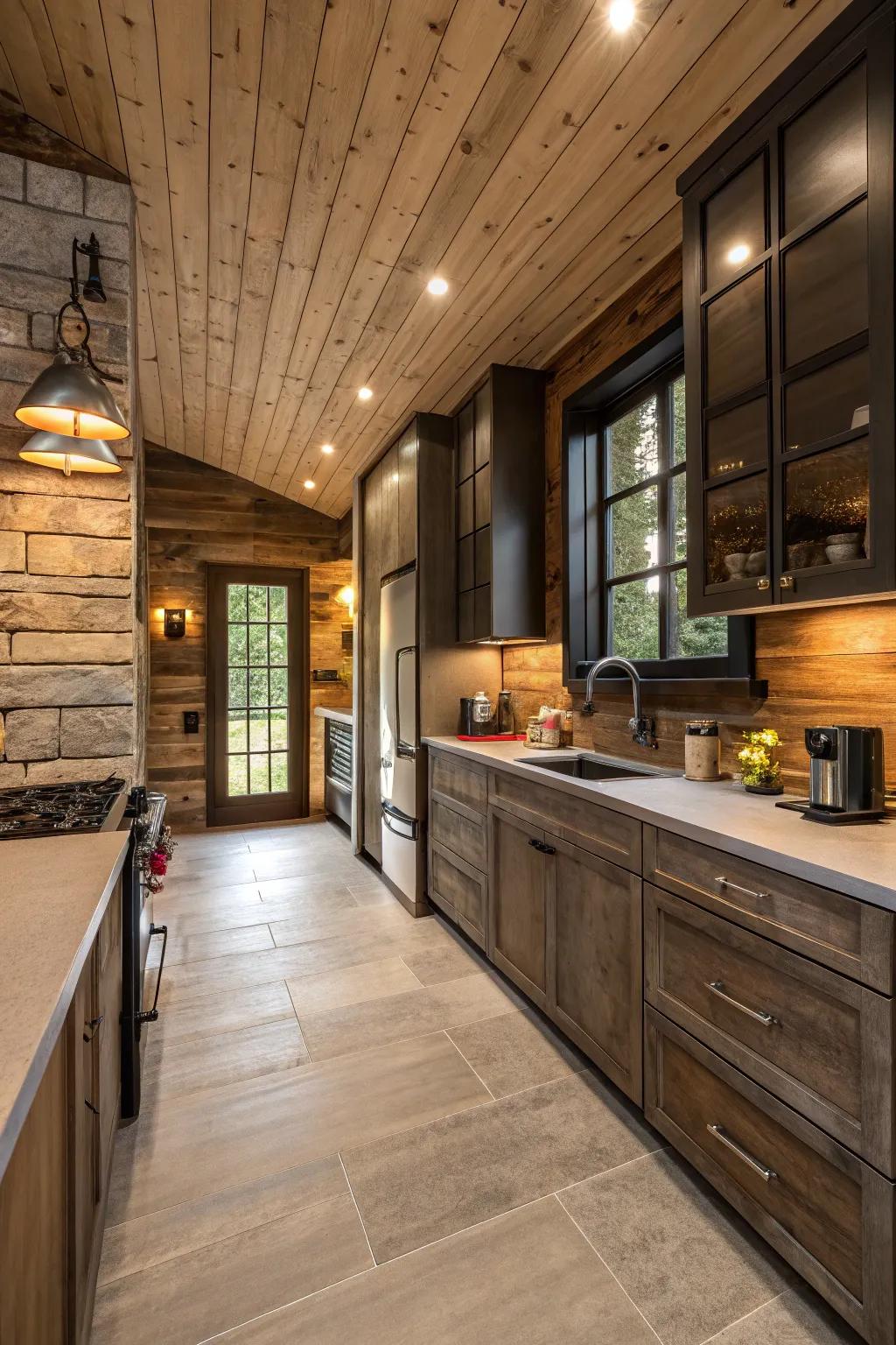 A fluid combination of rustic interlocking design with a sleek, modern kitchen aesthetic.