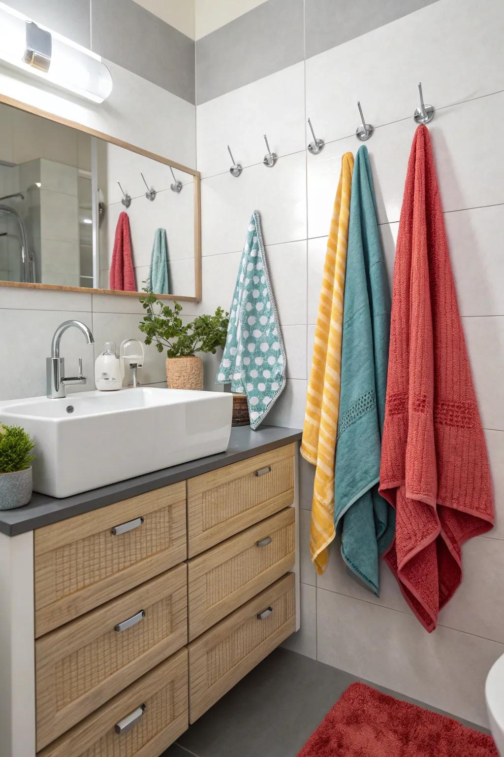 Wall-mounted hooks ensure towels are tidy and reachable.