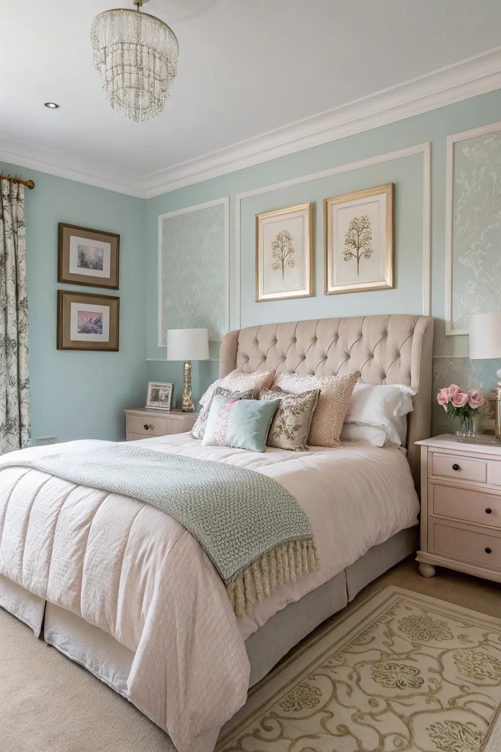 A townhouse slumber chamber featuring mellow pastel walls for a graceful setting.