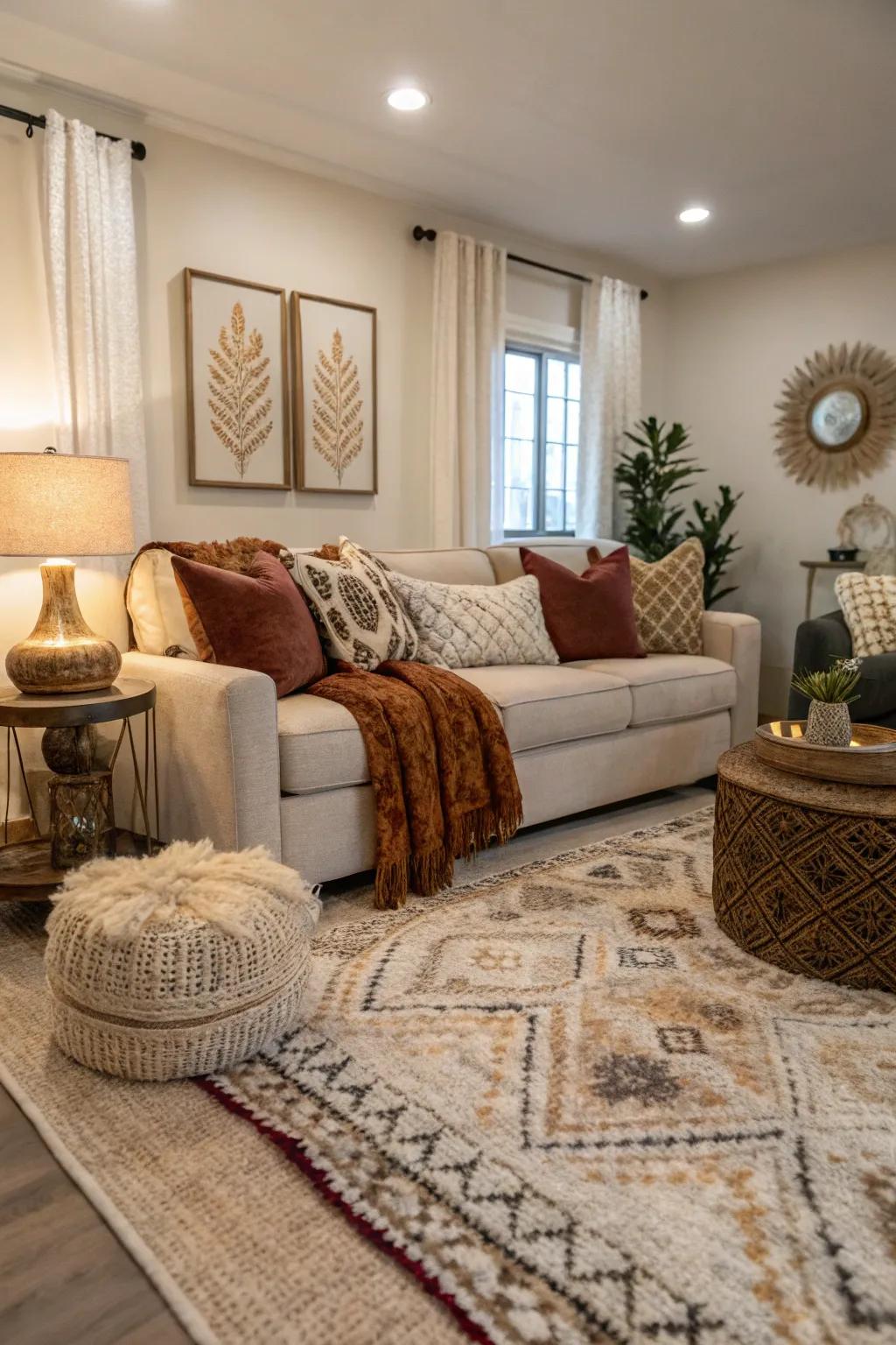 Textured accents add depth and warmth to a living room.