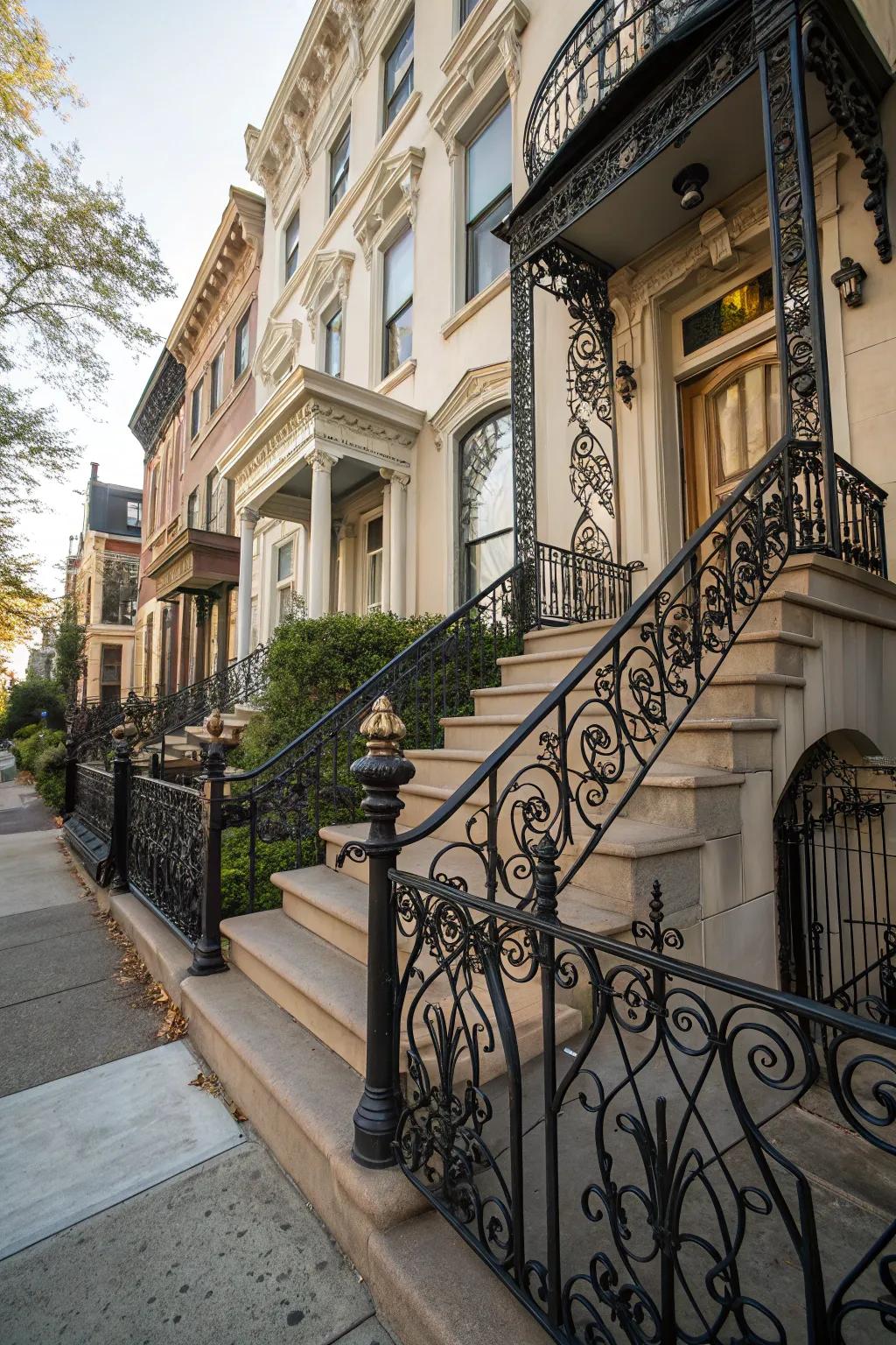 Detailed metalwork panels impart a sense of timeless elegance to this staircase.