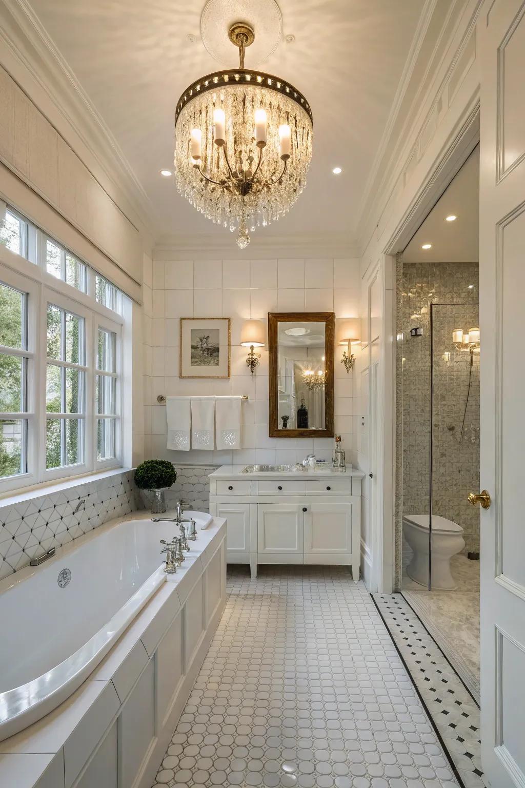 A classic white bathroom showcasing a chandelier that amplifies the elegance and illumination.