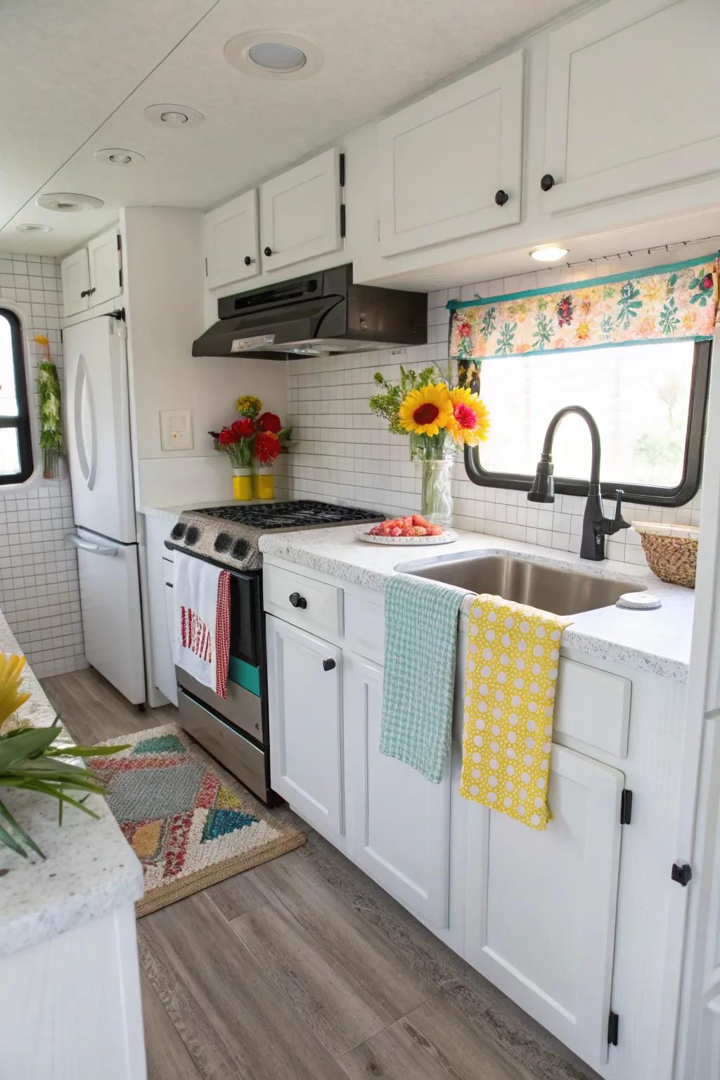 Light-colored squares make your RV kitchen feel open and airy.