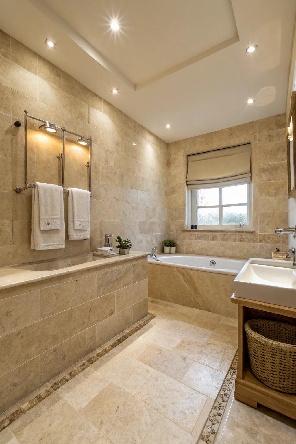 A soothing travertine bathroom showcases a neutral color scheme and gentle, ambient lighting.