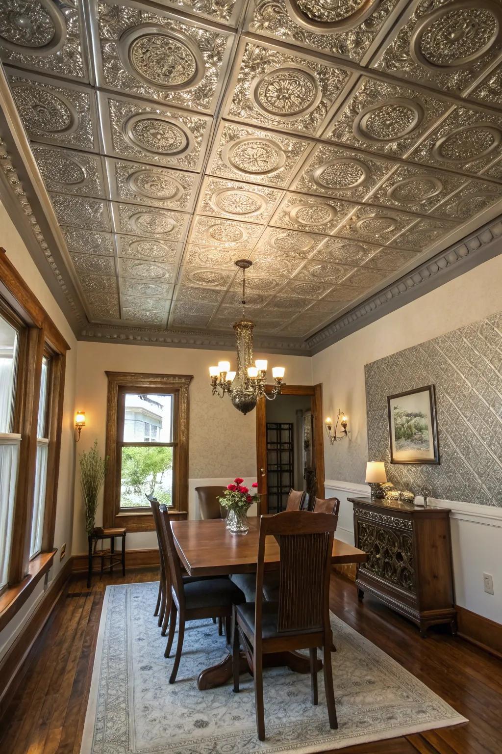 A dining room showcasing the charm of a tray ceiling with vintage tin tiles.