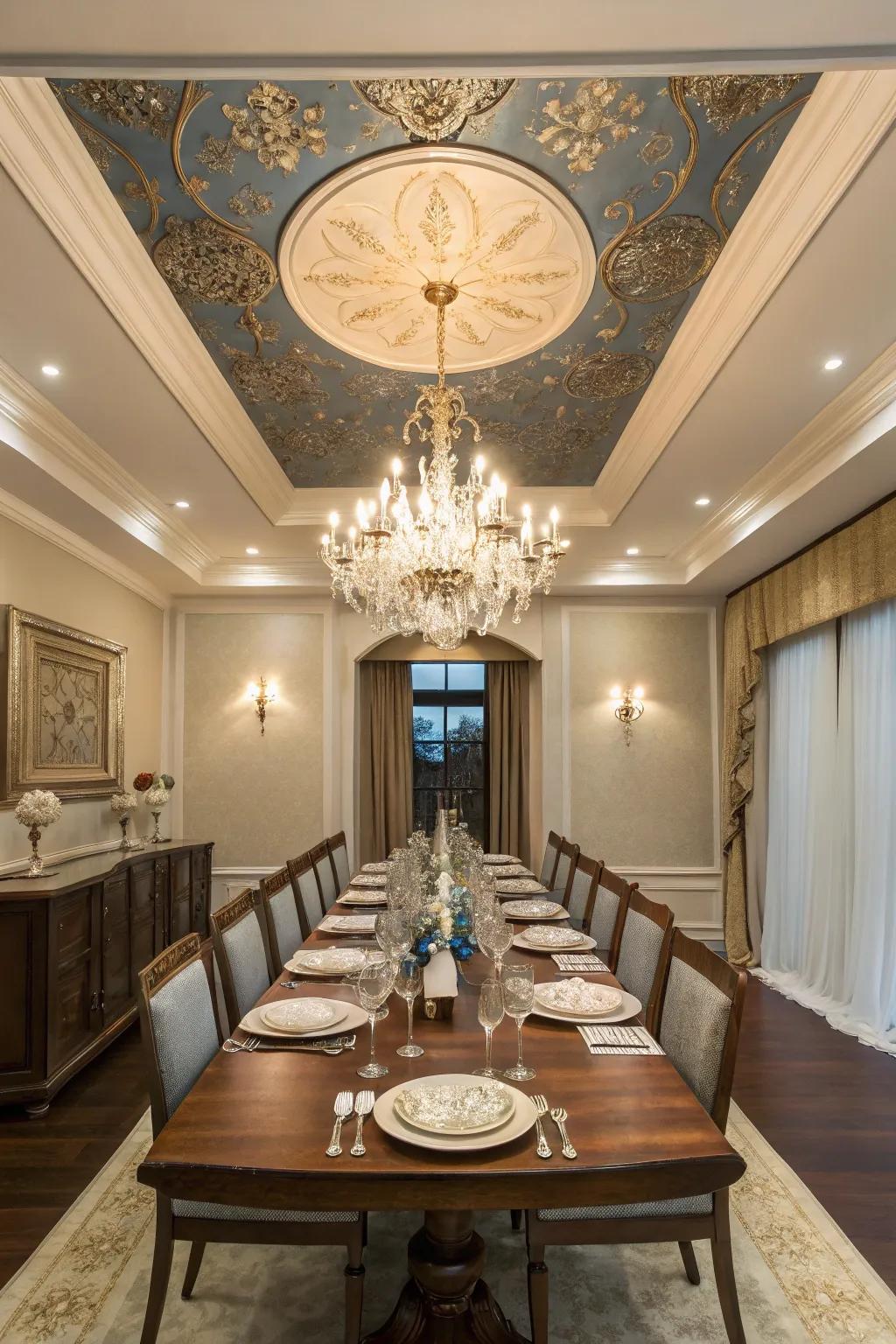An elegant dining space featuring a tray ceiling painted in a contrasting color.