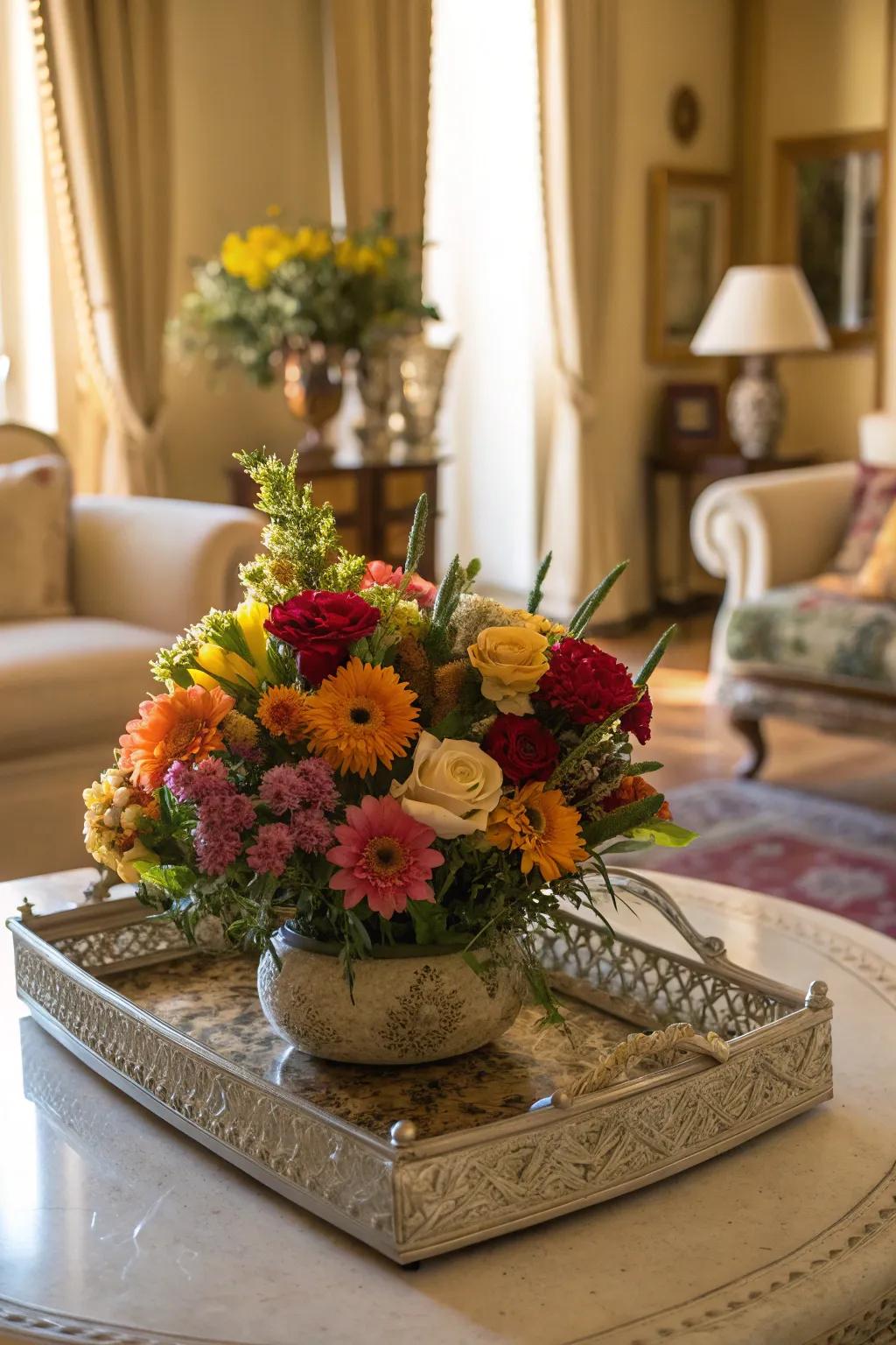 A sun-soaked space brightened by a vibrant floral arrangement.