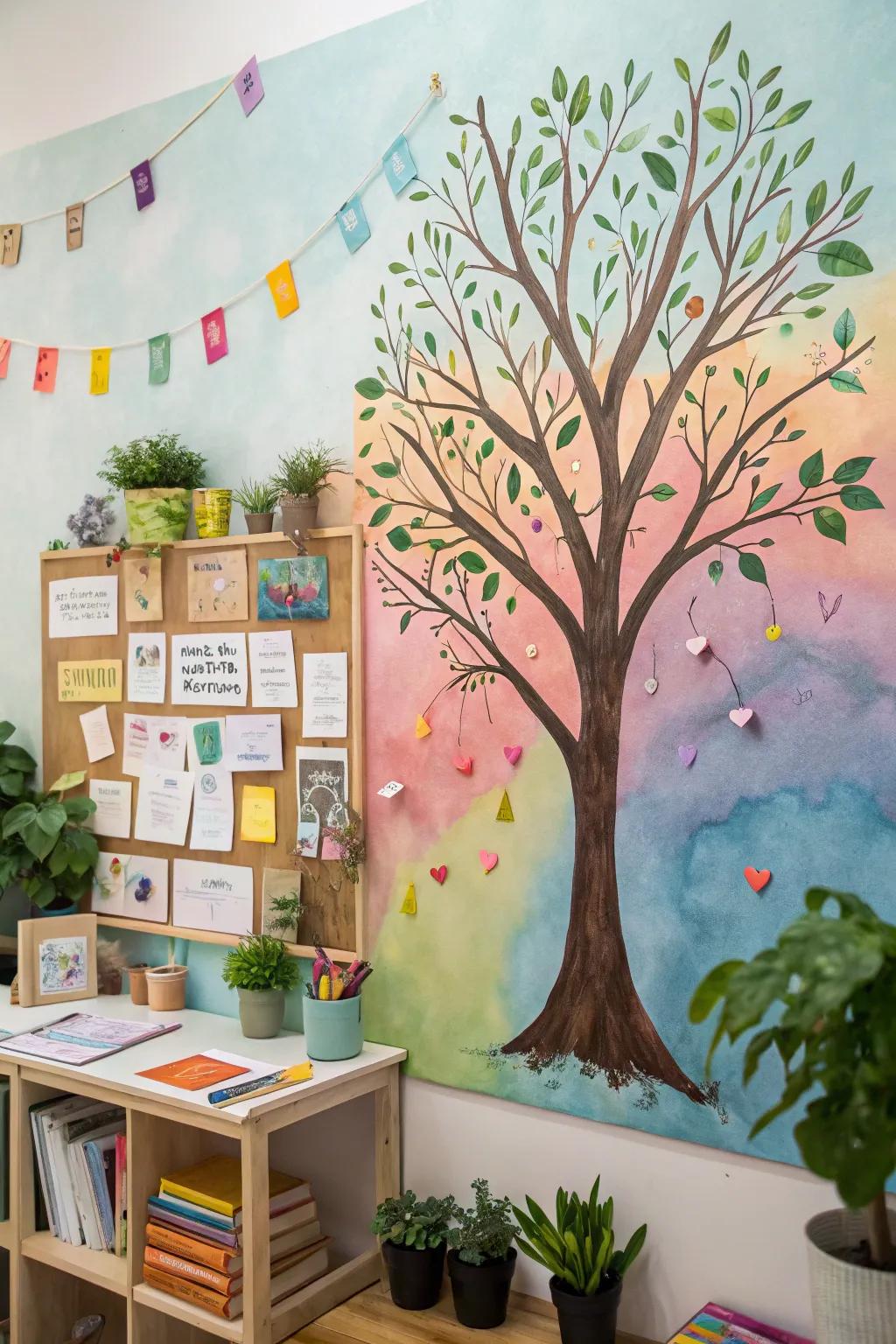 An artistic tree bulletin board showcasing a colorful watercolor backdrop.
