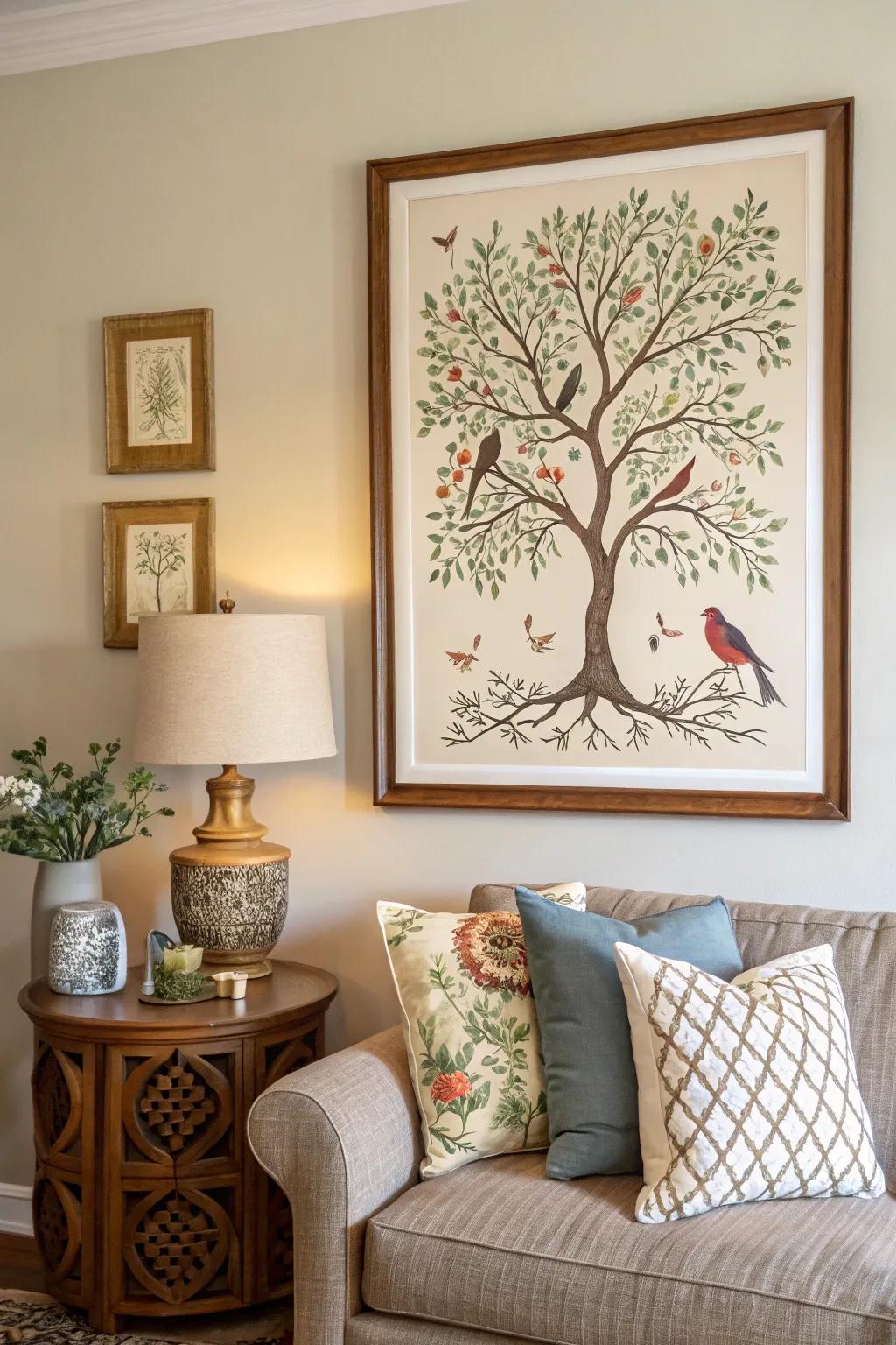 Framed Eternal Tree print with songbirds brightens a sitting room wall.