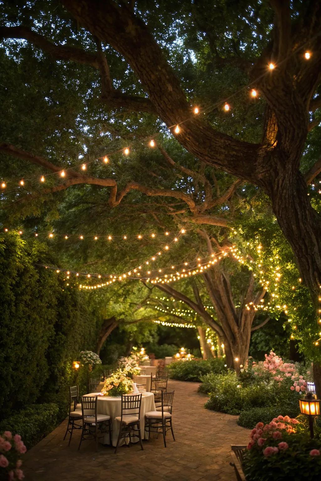 A light-draped canopy offers a magical dining experience.