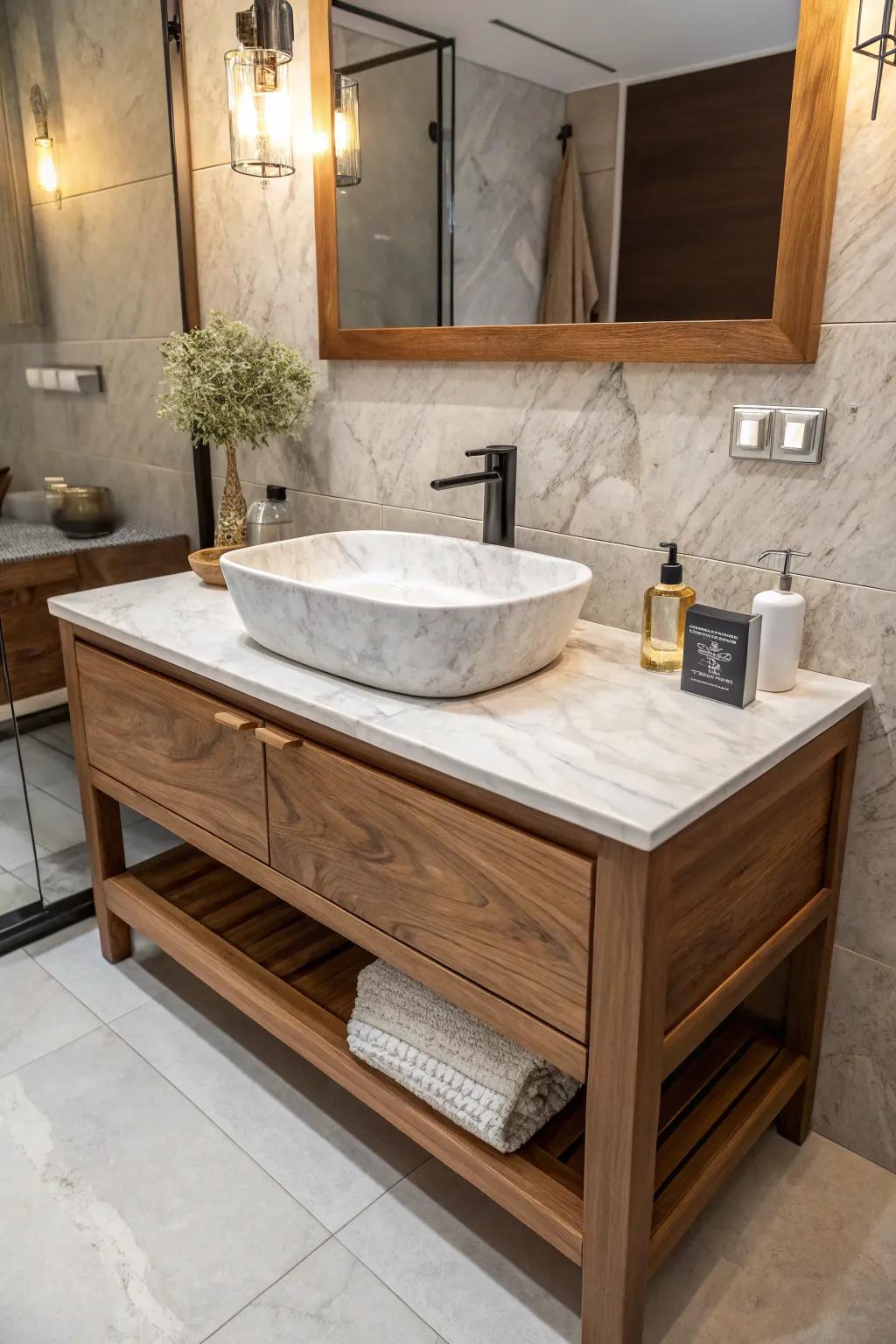 Here, a bathroom vanity features a blend of wood and marble, elevating the overall visual depth.